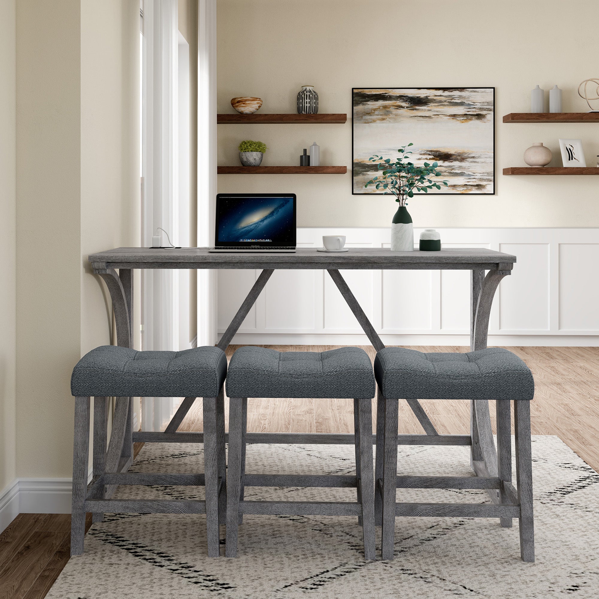 HAOYYE Bar Table Set with Power Outlet, Bar Table and Chairs Set, 4 Piece Dining Table Set, Industrial Breakfast Table Set, for Living Room, Dining Room, Game Room Sturdy Space-Saving Heavy Duty Adults