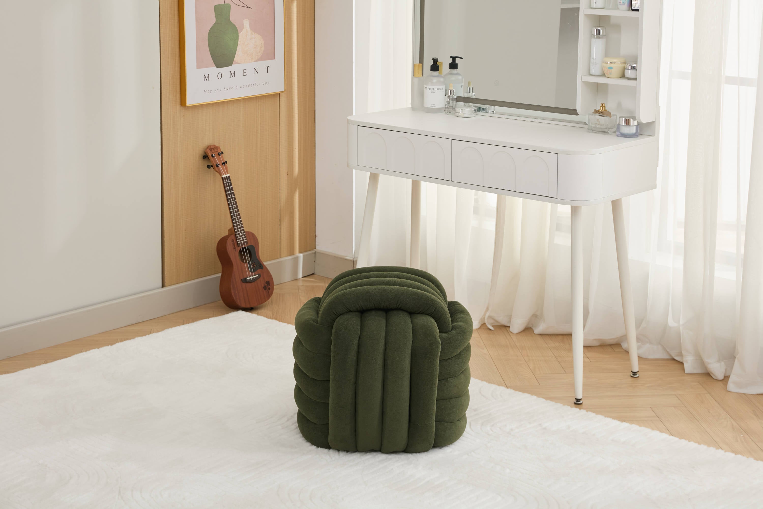 Haoyye Modern Chenille Fabric Knot Design Ottoman Makeup Stool Footstool, Comfortable and Stylish Seat, Perfect for Living Room and Bedroom, Space-Saving Heavy Duty Construction, Durable Furniture for Adults Dorm Room