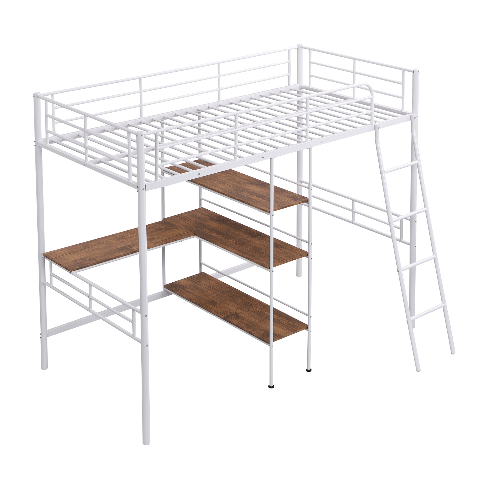 HAOYYE Twin Size Metal Loft Bed and Built-in Desk and Shelves,White Sturdy Space-Saving Heavy Duty Modern Design Adults Dorm Room Easy Assembly Bedroom Furniture