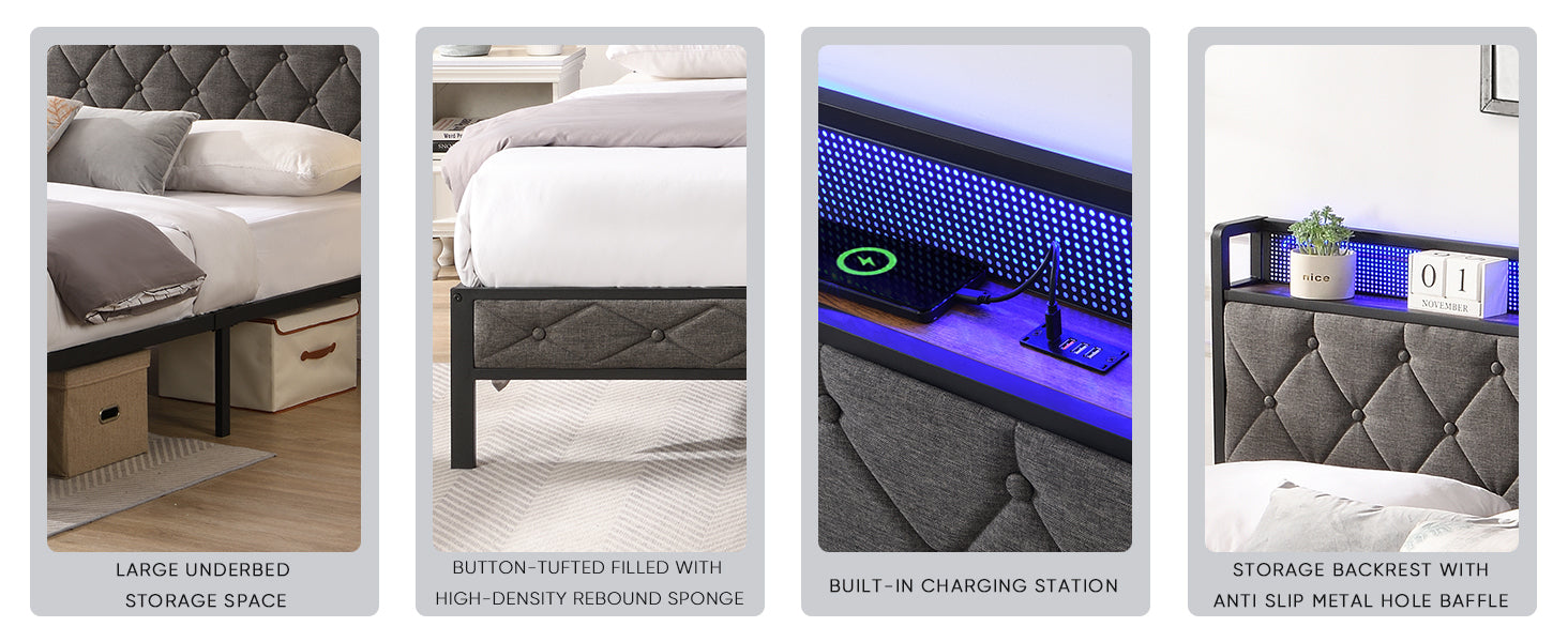HAOYYE King Bed Frame with Storage Headboard, Charging Station and LED Lights, Upholstered Platform Bed with Heavy Metal Slats, No Box Spring Needed, Noise Free, Easy Assembly, Dark Gray Sturdy Space-Saving