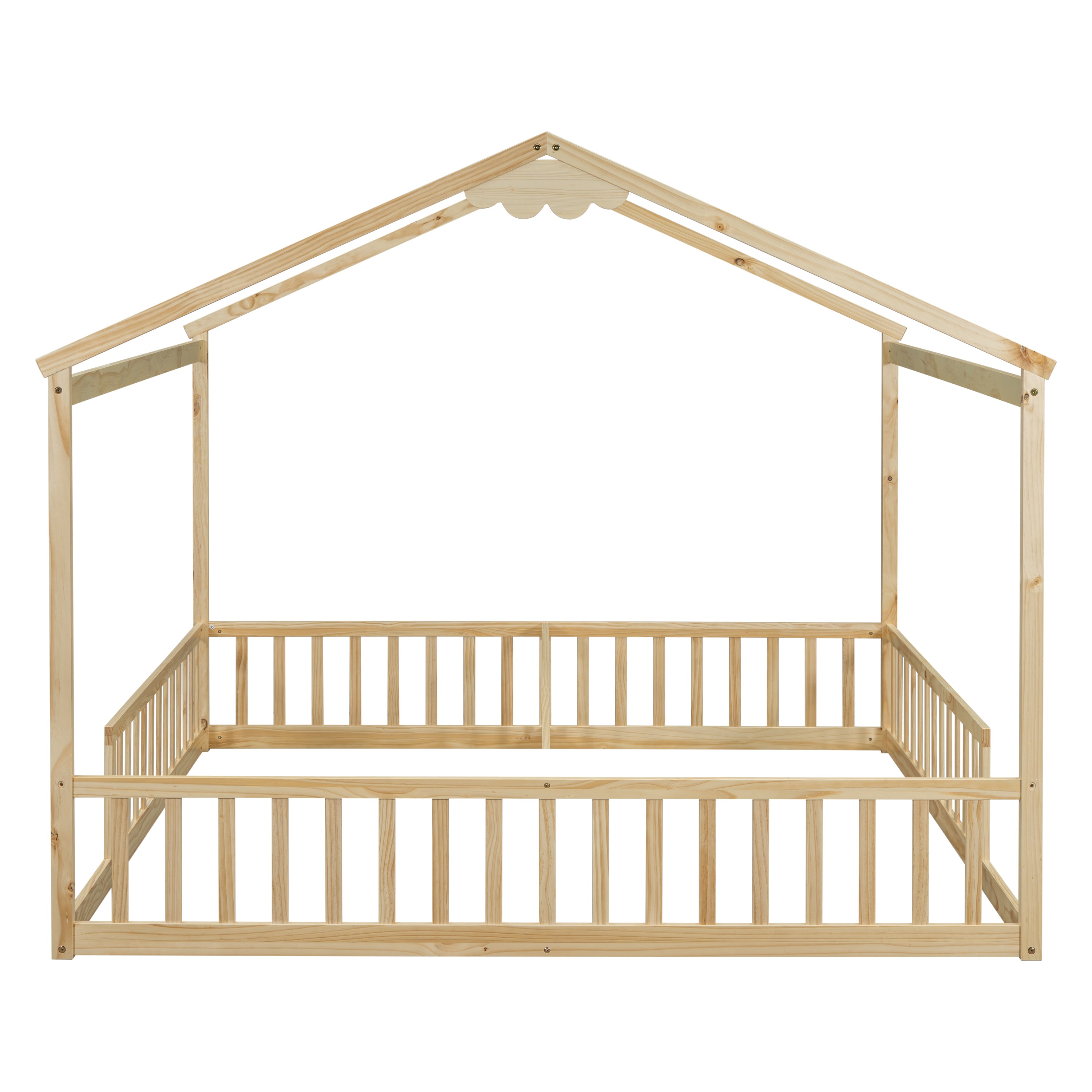 HAOYYE Double Twin House-Style Floor Bed with Fence, Guardrails, without door, Natural Sturdy Space-Saving Heavy Duty Modern Design Adults Dorm Room Easy Assembly Bedroom Furniture