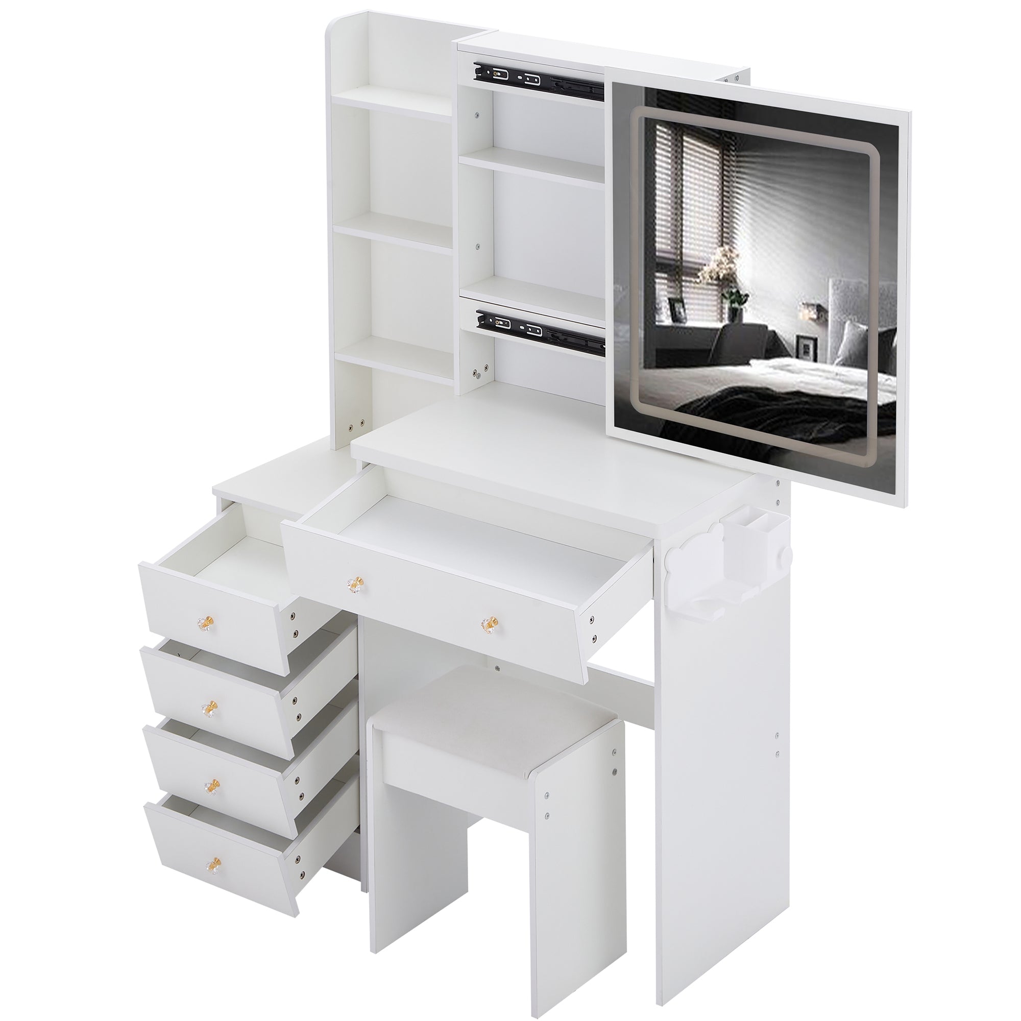 HAOYYE 37" Middle Size Left Bedside Cabinet Vanity Table + Cushioned Stool Dresser Set, 2 AC+2 USB Socket, Hair Dryer Stand, Large Touch Control LED Sliding Mirror, 3-color Switch, EPA, GCC, UL Certificate