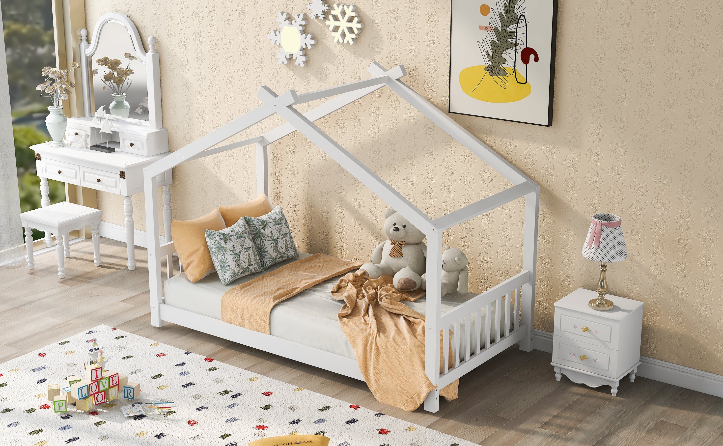 HAOYYE Twin Size House Platform Bed with Headboard and Footboard,Roof Design,White Sturdy Space-Saving Heavy Duty Modern Design Adults Dorm Room Easy Assembly Bedroom Furniture