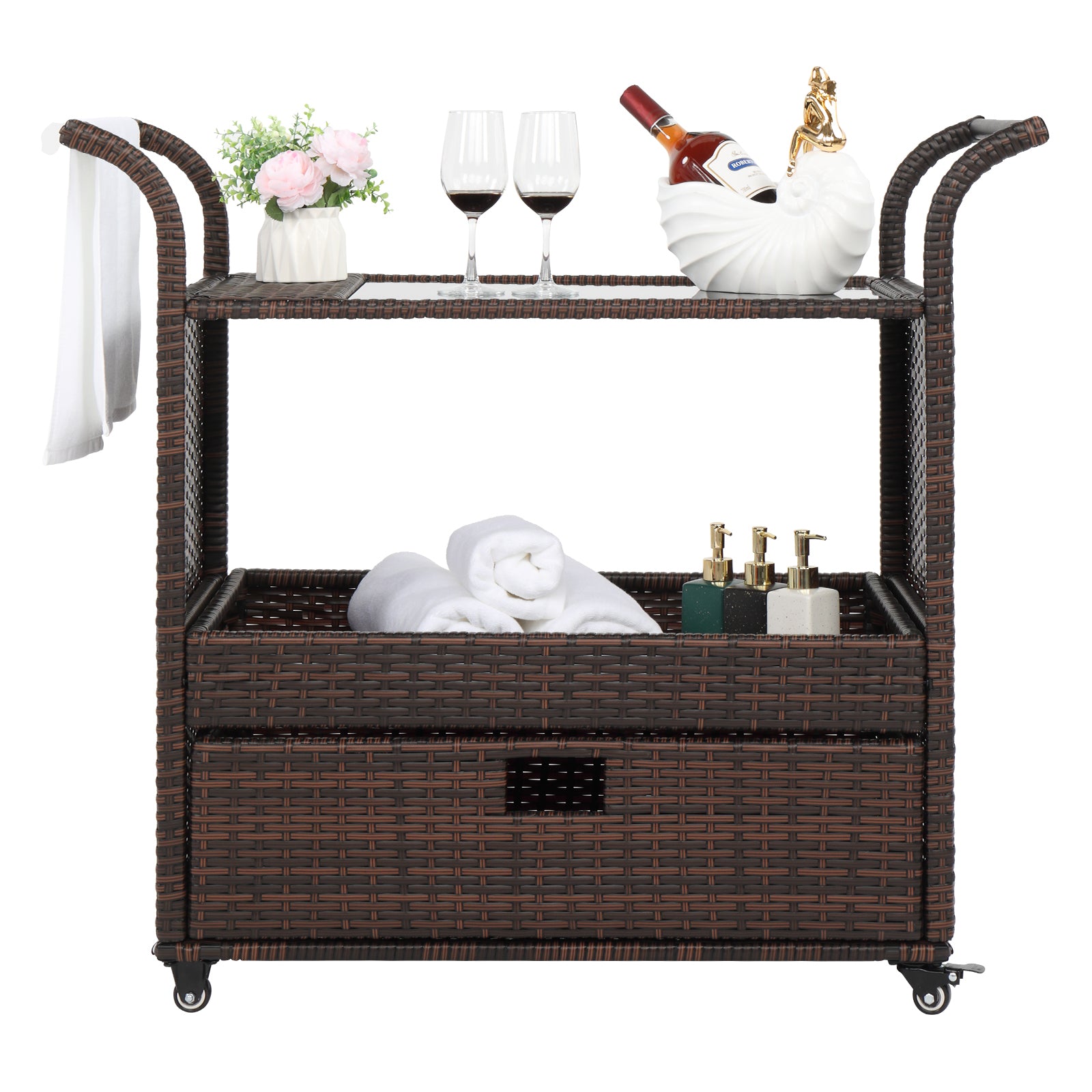 HAOYYE Outdoor Wicker Rattan Bar Cart on Wheels Brown Gradient Rolling Serving Sideboard with Storage for Patio Garden Balcony Party Beverage Station Portable Outdoor Furniture