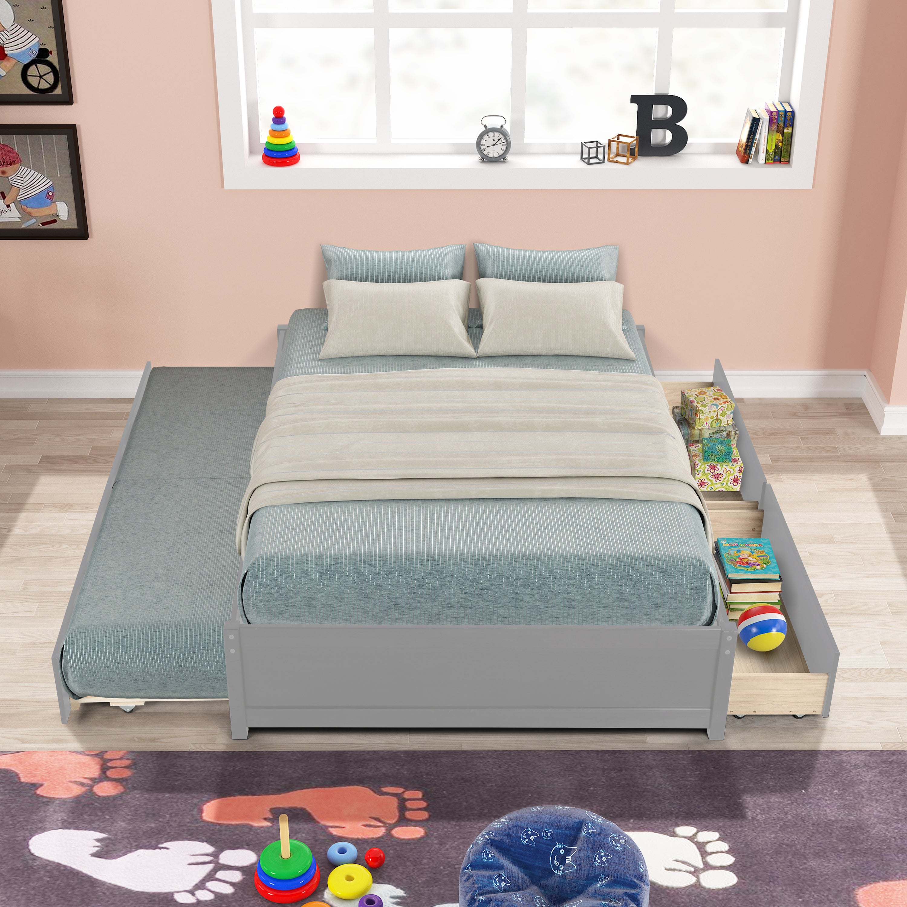 HAOYYE Full Bed With Twin Trundle And Storage Drawers, Grey Wood Platform Bed Frame, Space-Saving Heavy Duty Design, Modern Style For Bedroom Or Dorm Room, Easy Assembly