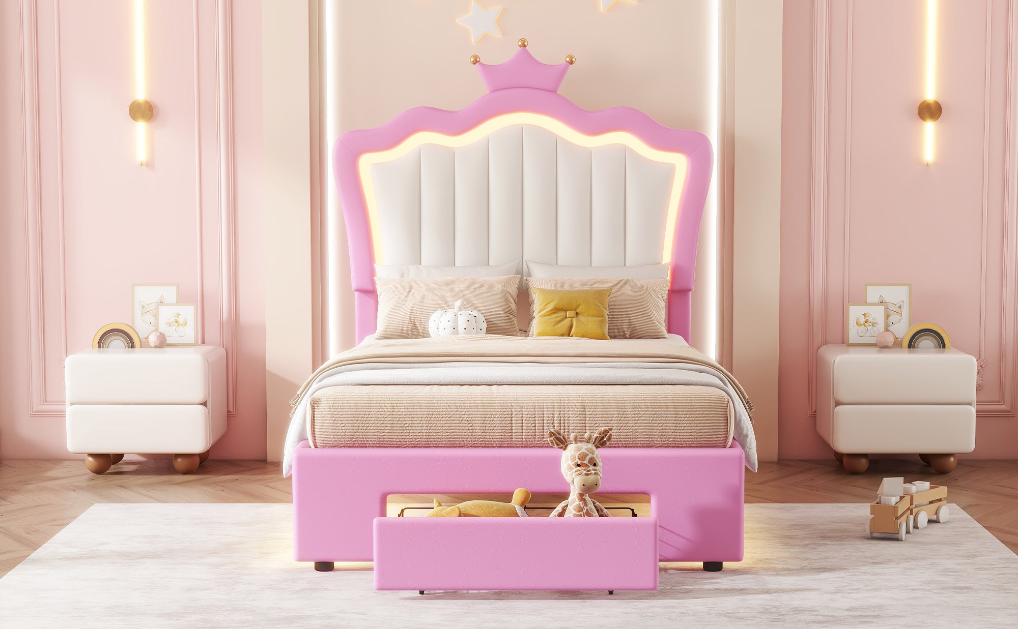 HAOYYE Twin Size Upholstered Bed Frame With LED Lighting, Modern Princess Bed With Crown Headboard And Storage Drawer, Pink And White, Sturdy Space-Saving Heavy Duty Design For Adults And Dorm Rooms