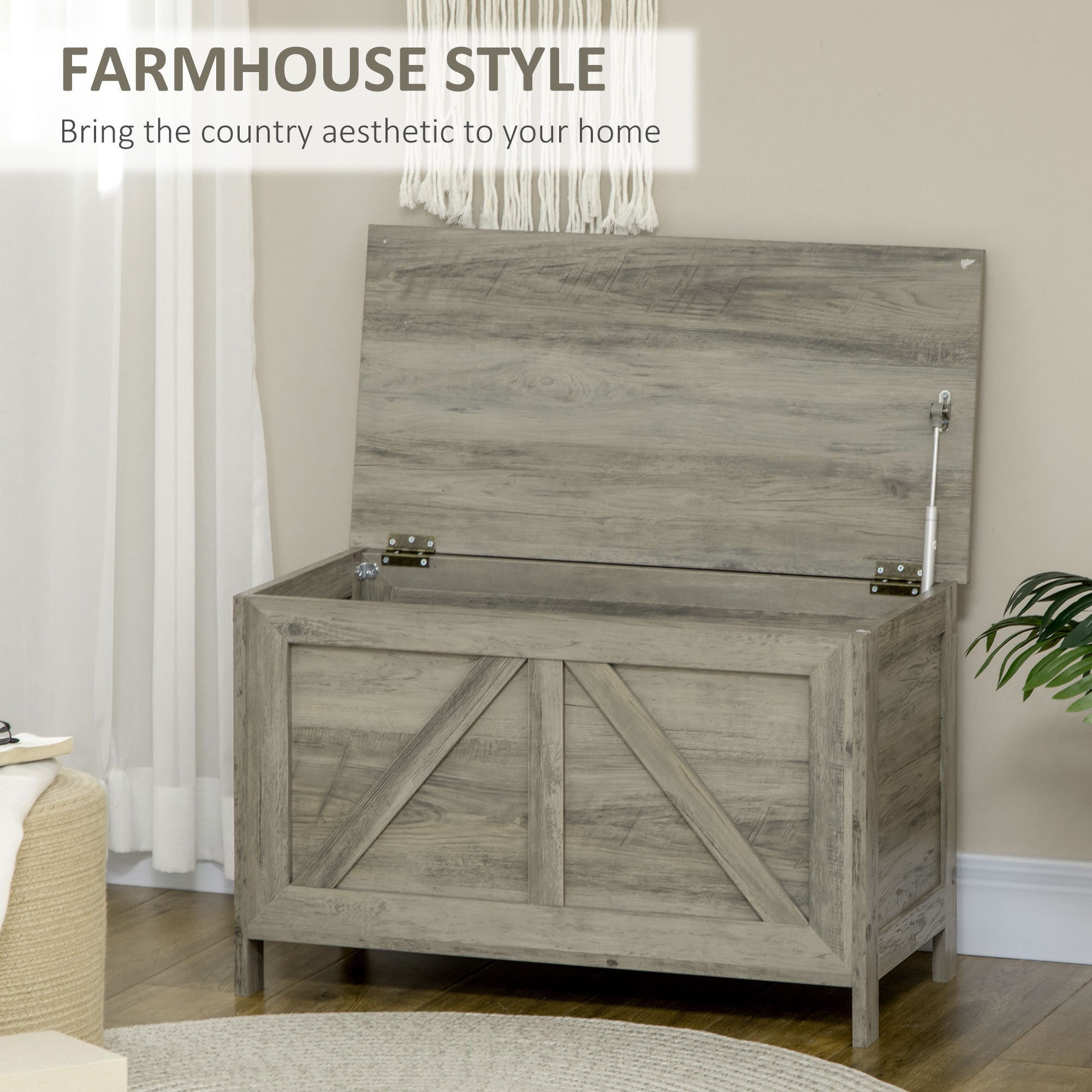 HAOYYE Gray Storage Bench with Flip-Top Lid and Safety Lift Support, Farmhouse Style Wooden Storage Chest for Entryway Bedroom Living Room, Multi-Purpose Organizer Cabinet with Strong Load Capacity and Hidden Compartment