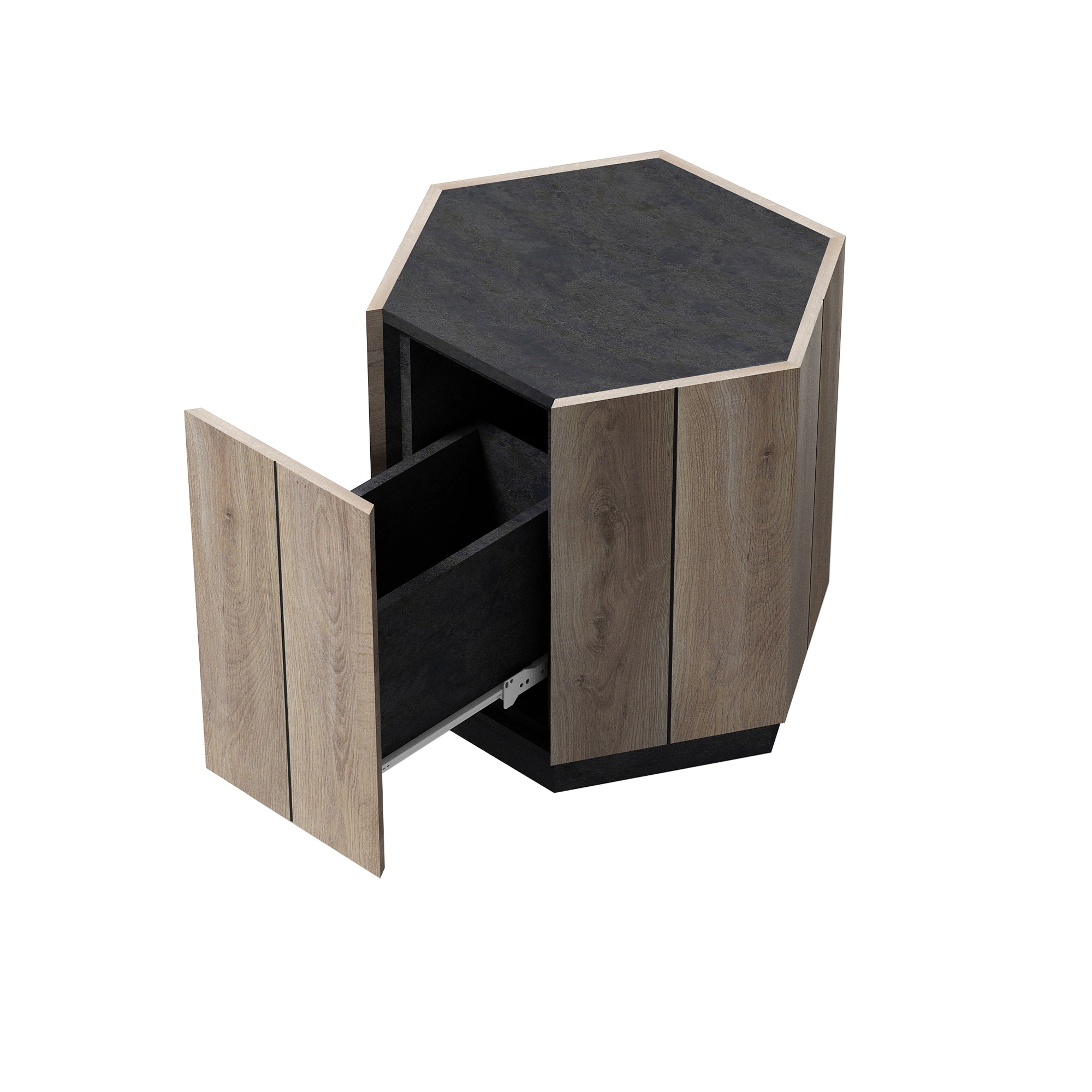 HAOYYE Hexagonal Rural-Style Side Table with Drawer, Textured Black and Warm Oak, Sturdy Space-Saving Design, Heavy Duty Construction, Modern Rustic Furniture for Living Room, Bedroom, or Corner Spaces