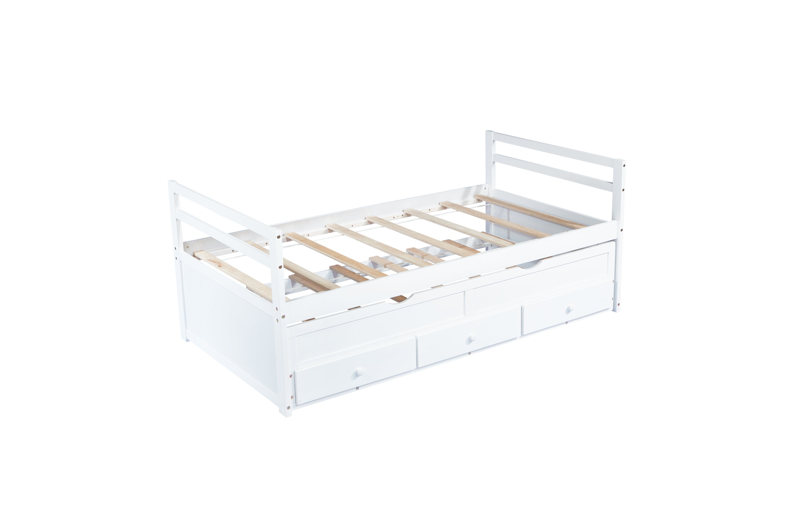 HAOYYE Twin Bed with Headboard, Footboard, Trundle and Storage Drawers, Pine Wood Twin Size Bed, White, Sturdy Space-Saving Heavy Duty Construction, Ideal for Adults and Dorm Rooms