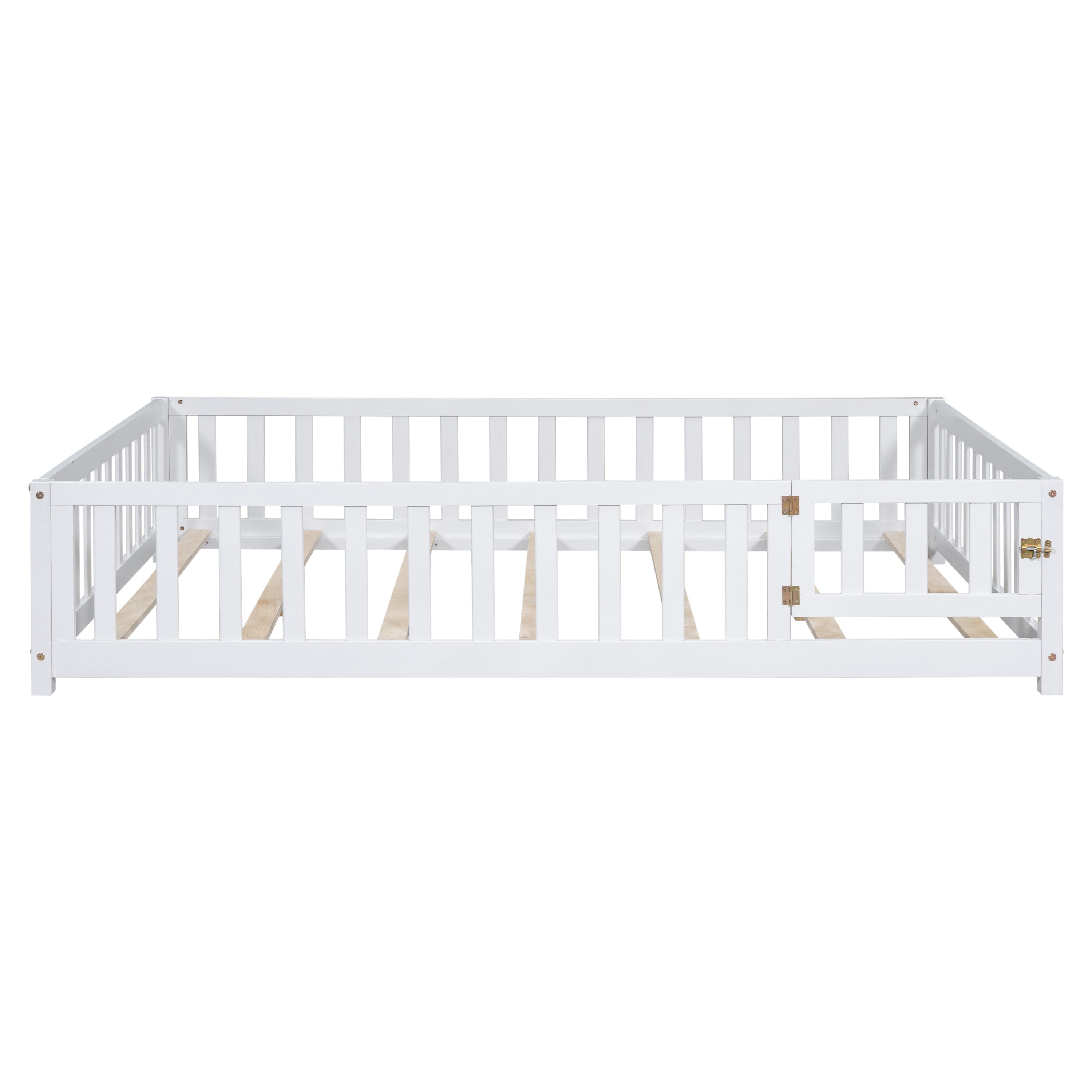 HAOYYE Full Size Floor Platform Bed with Fence and Door for , Montessori Floor Bed Frame with Support Slats for Toddlers, Wooden Floor Bed White Sturdy Space-Saving Heavy Duty Modern Design Adults