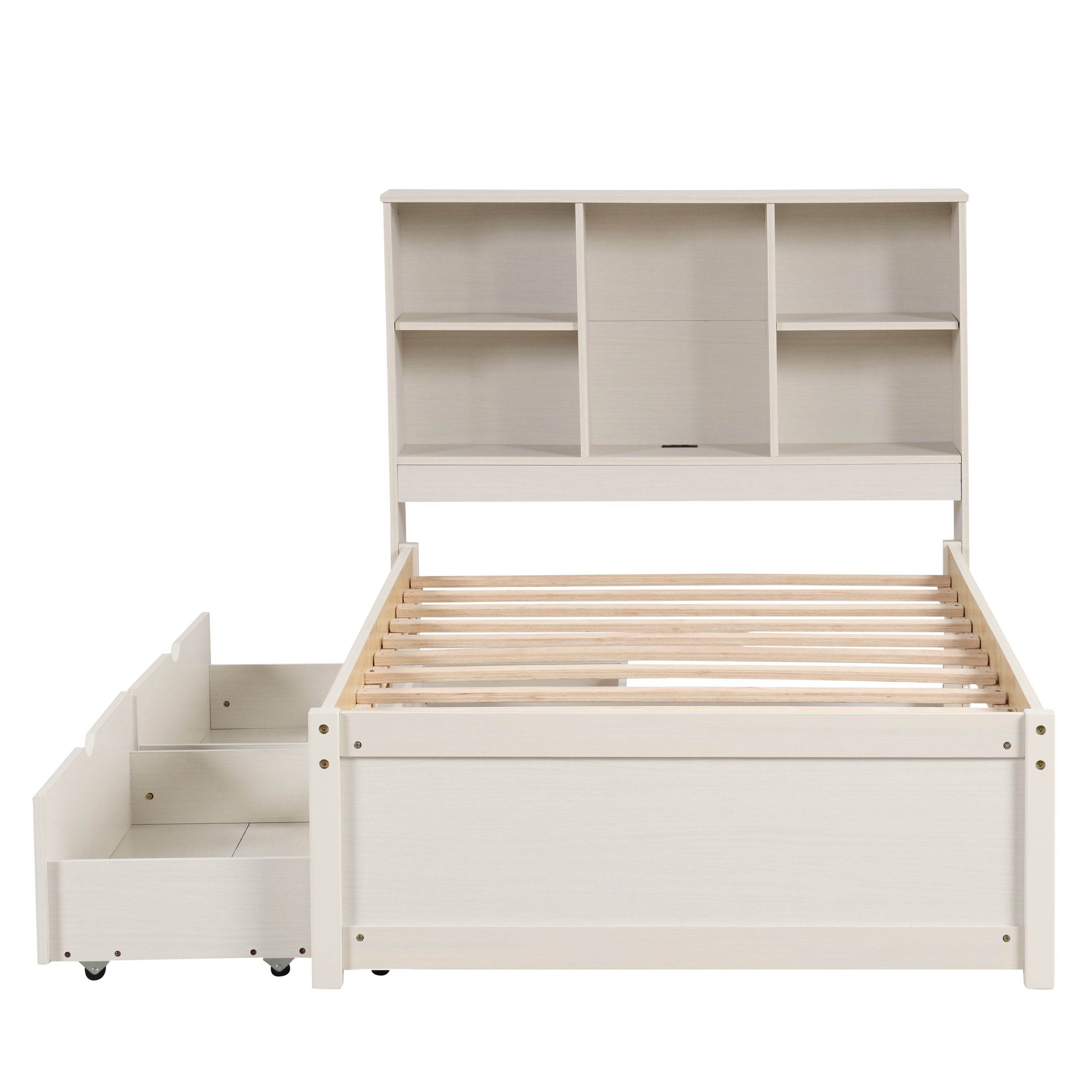 HAOYYE Modern Twin Size Bed Frame with Built-In USB Port on Bookcase Headboard and Two Drawers for White Washed Color, Sturdy Space-Saving Design, Heavy Duty Construction, Easy Assembly, Durable and Stylish Home Furniture