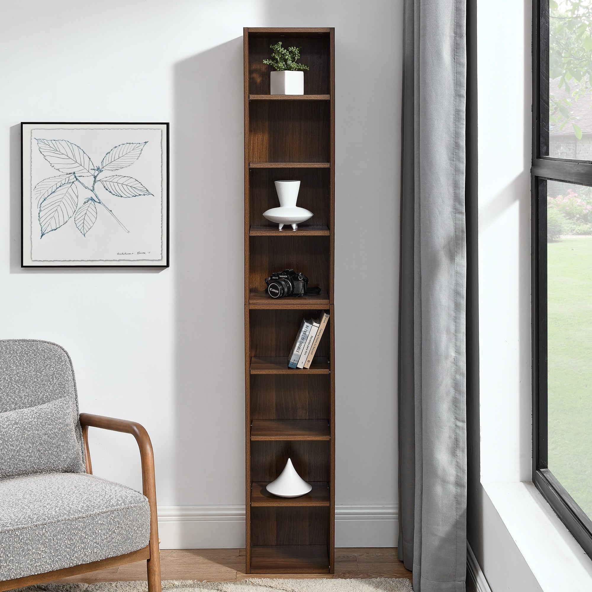 Haoyye 8-Tier Media Tower Rack, CD DVD Slim Storage Cabinet, Adjustable Shelves for Home Office, Multifunctional Double-Decker Bookcase, Sturdy Space-Saving Bookshelf for Tall Narrow Display
