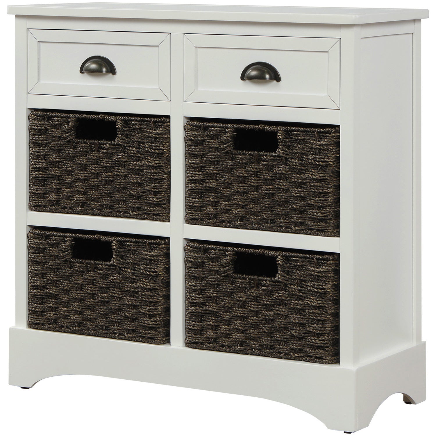 HAOYYE Rustic Storage Cabinet with Two Drawers and Four Classic Rattan Baskets for Dining Room or Living Room, White, Sturdy Space-Saving Design, Heavy Duty Construction, Easy Assembly, Durable and Stylish Home Furniture