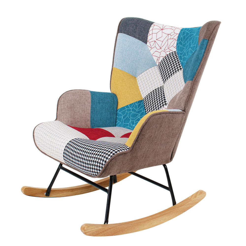 Haoyye Mid-Century Modern Rocking Chair with Patchwork Linen Upholstery, Fabric Accent Rocker with Wood Legs and High Backrest, Comfortable Retro Armchair for Living Room, Bedroom or Lounge, Sturdy Space-Saving Easy Assembly Design
