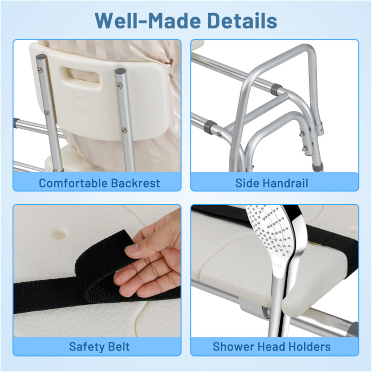 HAOYYE White Ultra Wide Bathroom Seat With 9-Level Adjustable Height Sliding Tub Transfer Bench Safety Handrail And Belt For Seniors Disabled Pregnant Women Post Surgery Rustproof Aluminum Frame Non-Slip Suction Cups