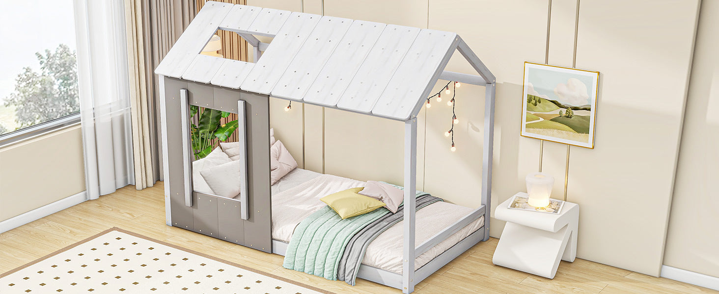 HAOYYE Twin Size House Platform with Roof and Window, White+Antique Grey(Old SKU: WF294130AAE) Sturdy Space-Saving Heavy Duty Modern Design Adults Dorm Room Easy Assembly Bedroom Furniture