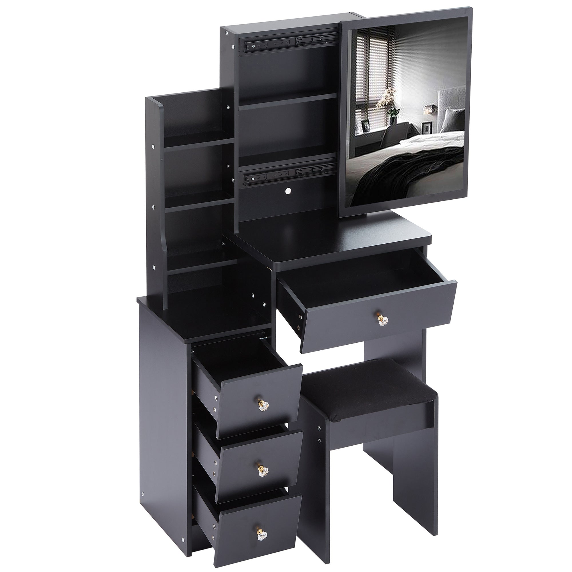 HAOYYE Small Size Left Bedside Cabinet Vanity Table + Cushioned Stool, Extra Large Sliding Mirror, Multi Layer, High Capacity Storage Fashionable Dresser, Suitable for Small Space, EPA,GCC,UL Certificate