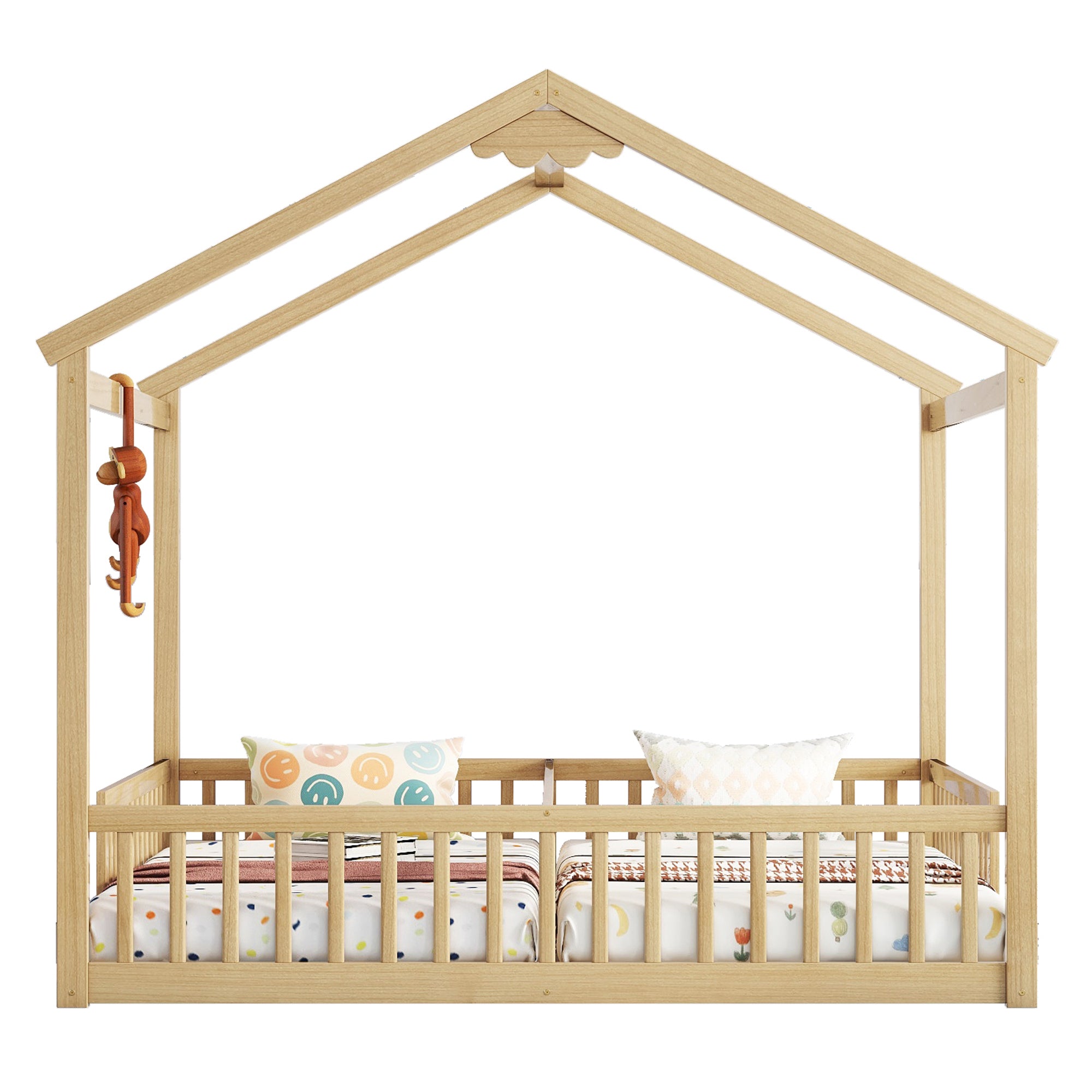 HAOYYE Double Twin House-Style Floor Bed with Fence, Guardrails, without door, Natural Sturdy Space-Saving Heavy Duty Modern Design Adults Dorm Room Easy Assembly Bedroom Furniture