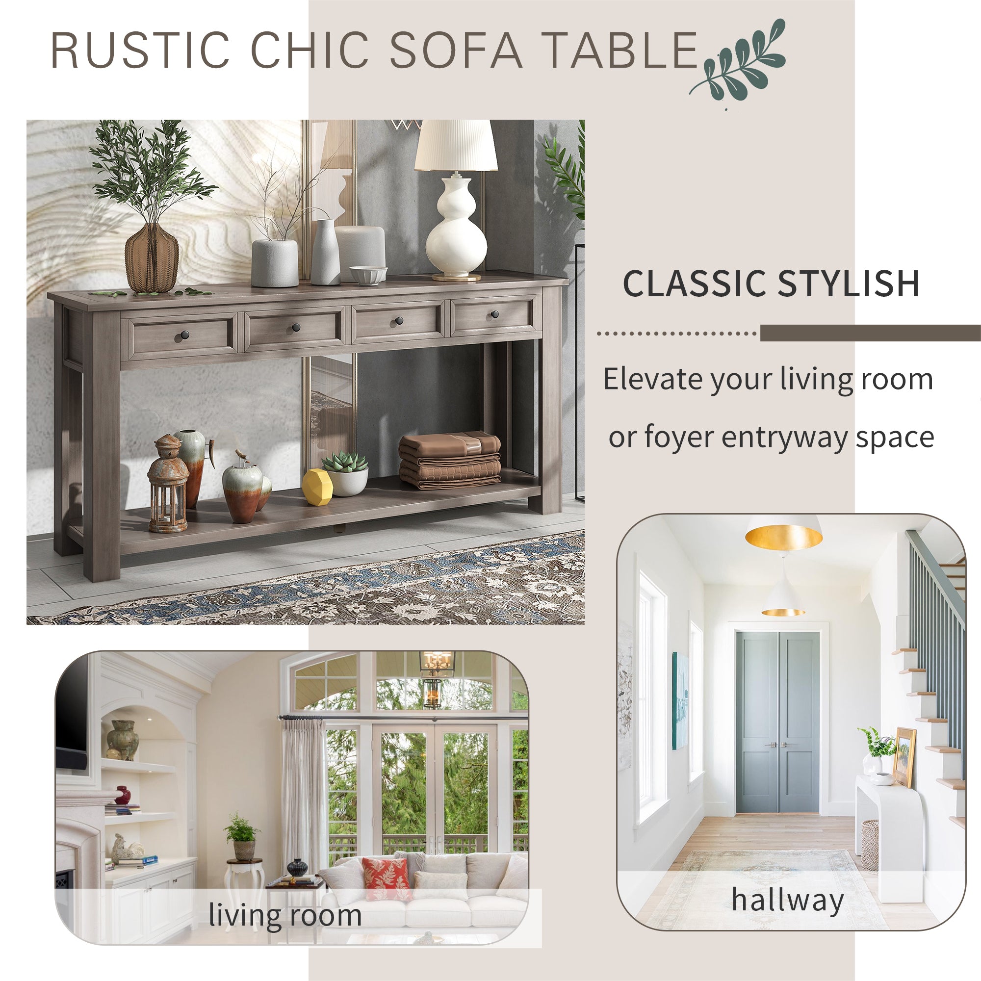 HAOYYE Console Table with Storage Drawers and Bottom Shelf for Entryway or Hallway, Gray Wash, Sturdy Space-Saving Design, Heavy Duty Construction, Easy Assembly, Durable and Stylish Home Furniture