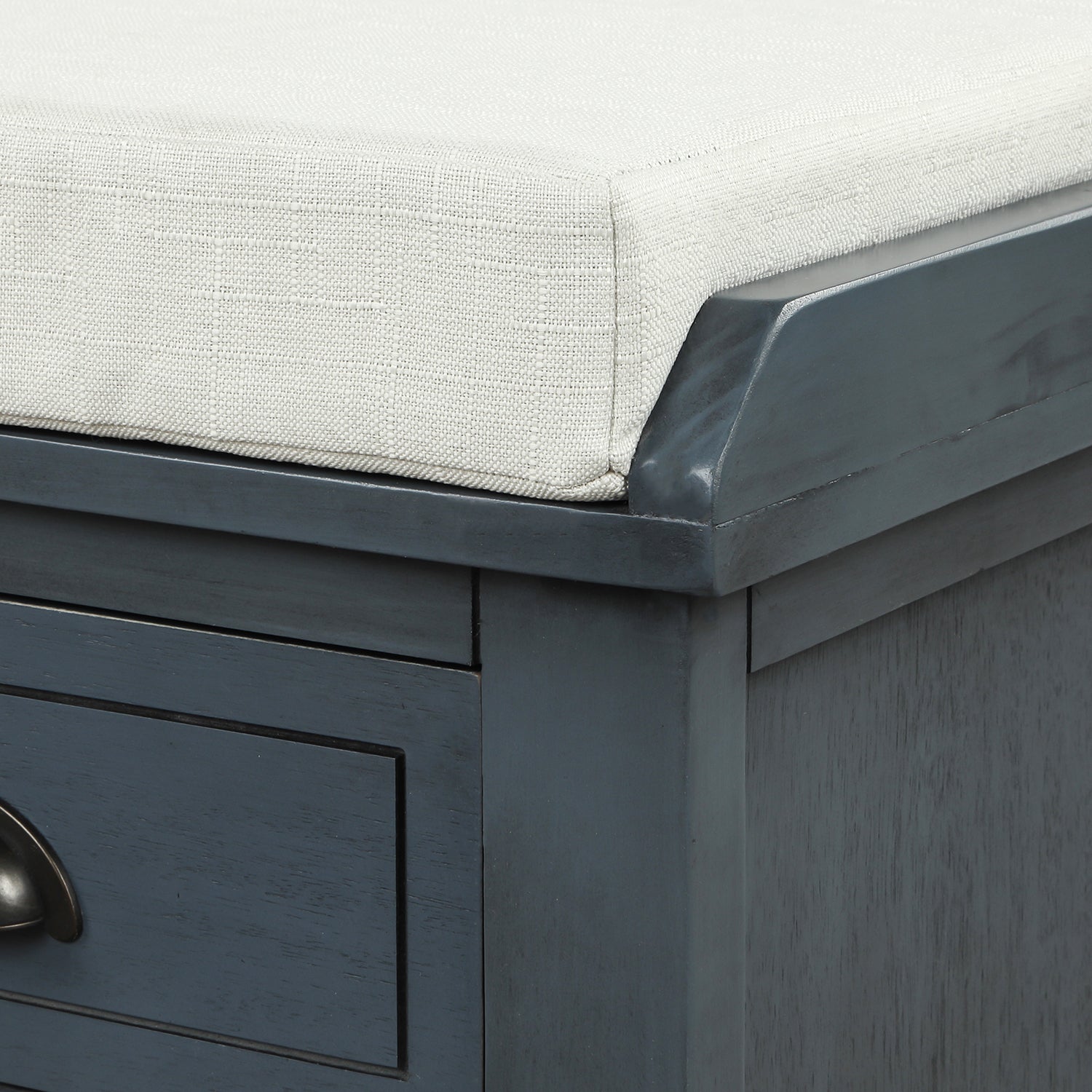 HAOYYE Rustic Storage Bench with Three Drawers and Three Rattan Baskets, Shoe Bench for Living Room or Entryway, Antique Navy, Sturdy Space-Saving Design, Heavy Duty Construction, Easy Assembly, Durable and Stylish Home Furniture