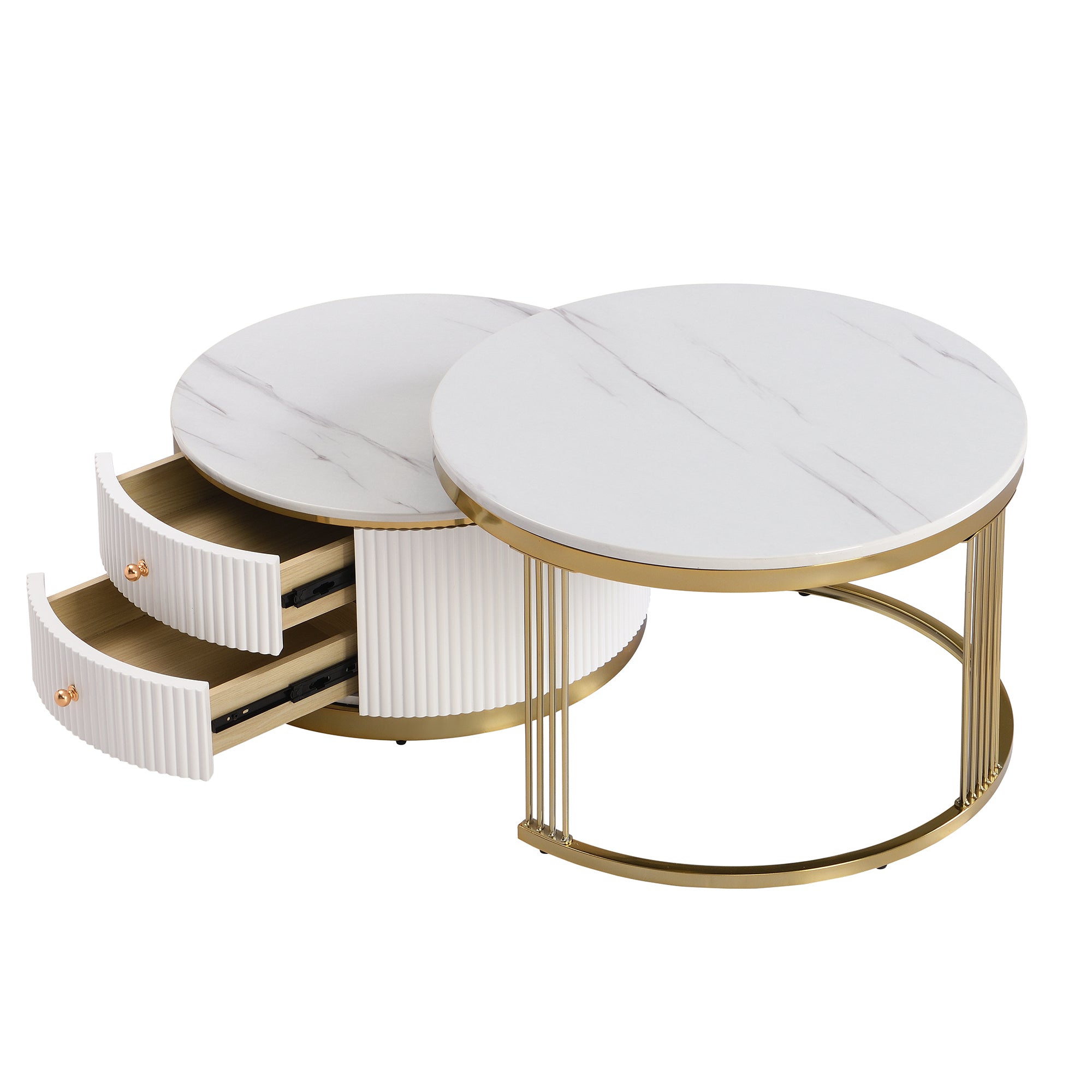 HAOYYE Modern 2-Piece White Round Nesting Coffee Table with Drawers, Sturdy and Space-Saving Design, Heavy Duty Construction, Ideal for Living Room, Bedroom, and Dorm Rooms, Easy Assembly for Adults