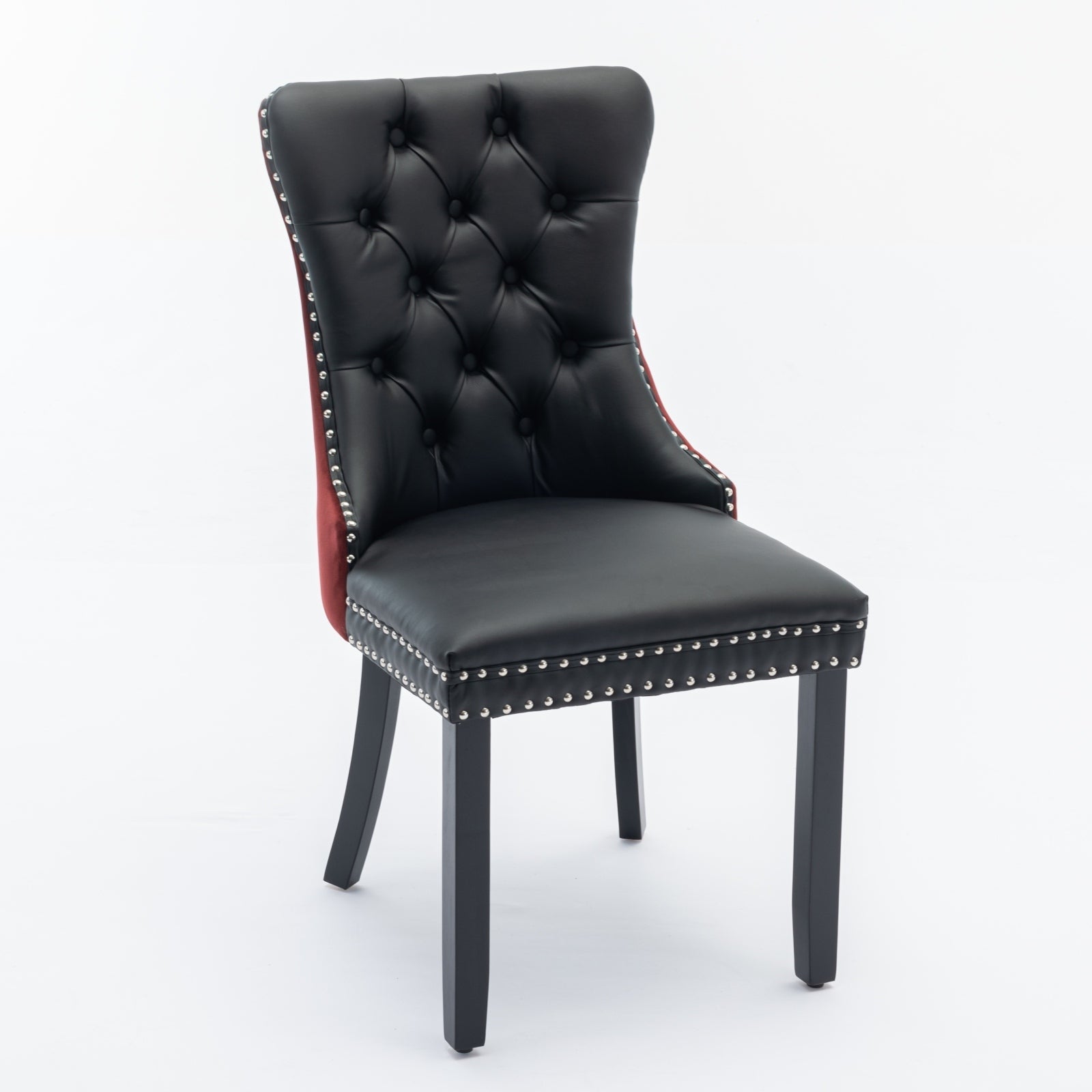 HAOYYE Nikki Collection Modern, High-end Tufted Solid Wood Contemporary PU and Velvet Upholstered Dining Chair with Wood Legs Nailhead Trim 2-Pcs Set, Black+WineRed, Burgundy,SW2101BW Sturdy