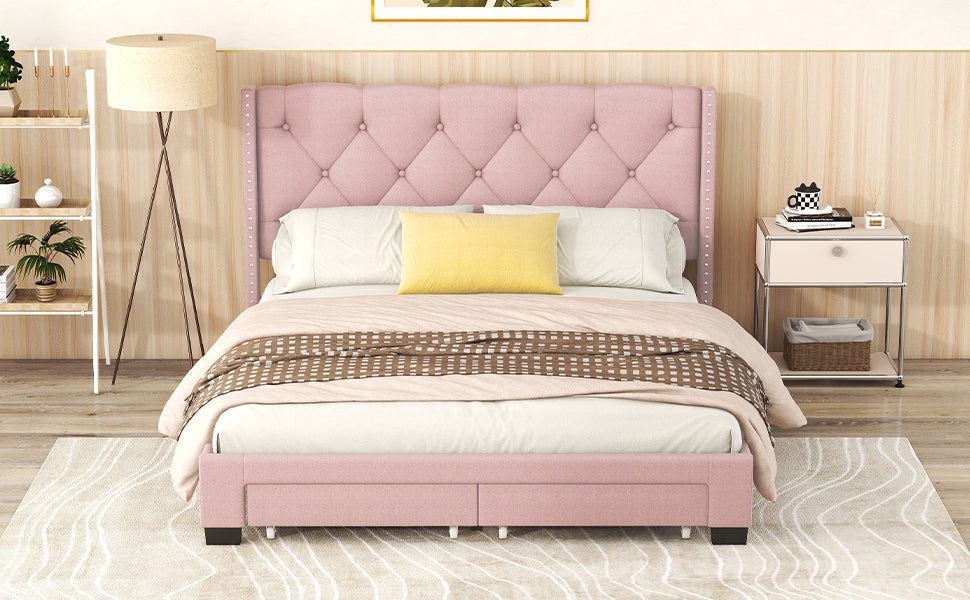 HAOYYE Queen Size Linen Upholstered Platform Bed with Two Drawers, Modern Storage Bed with Sturdy and Space-Saving Design, Heavy Duty Construction, Ideal for Adults and Dorm Rooms, Easy Assembly for Bedroom Furniture