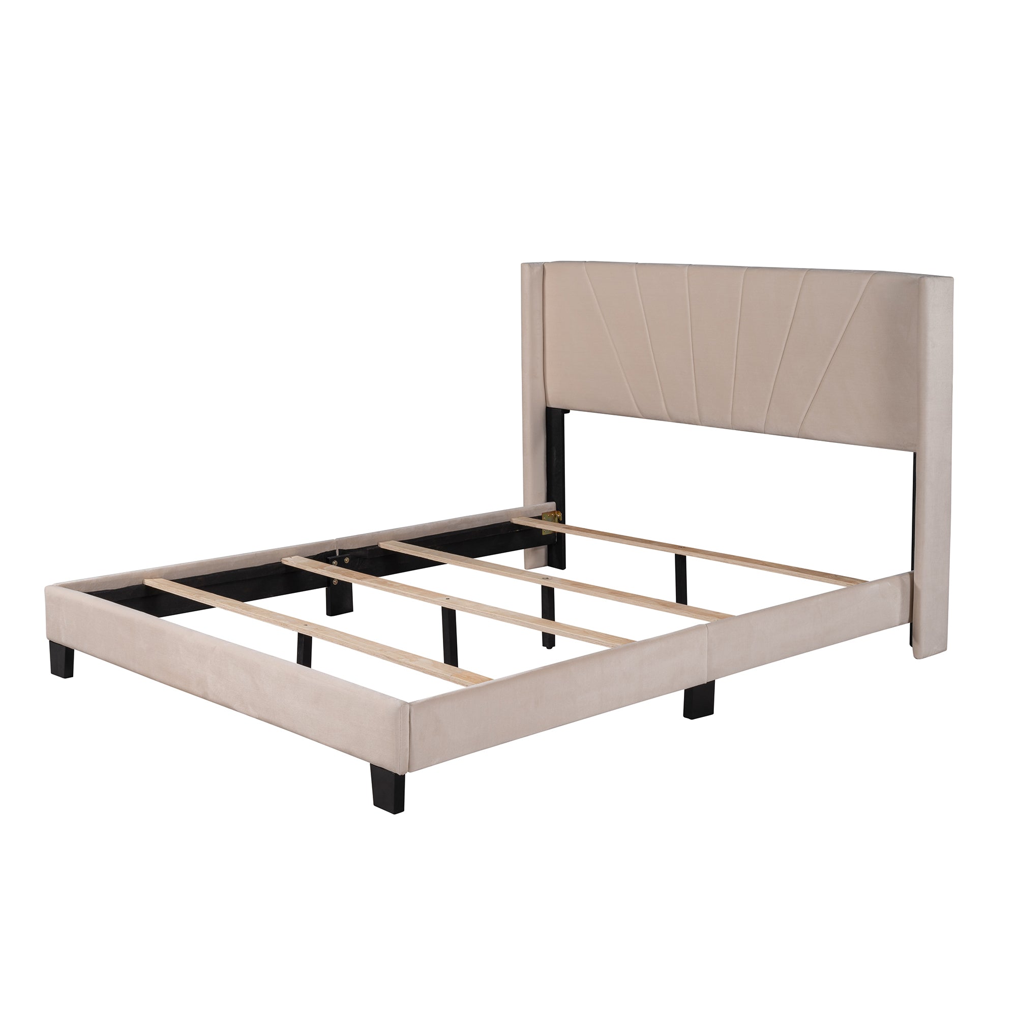 HAOYYE Queen Size Velvet Upholstered Platform Bed, Box Spring Needed - Beige Sturdy Space-Saving Heavy Duty Modern Design Adults Dorm Room Easy Assembly Bedroom Furniture