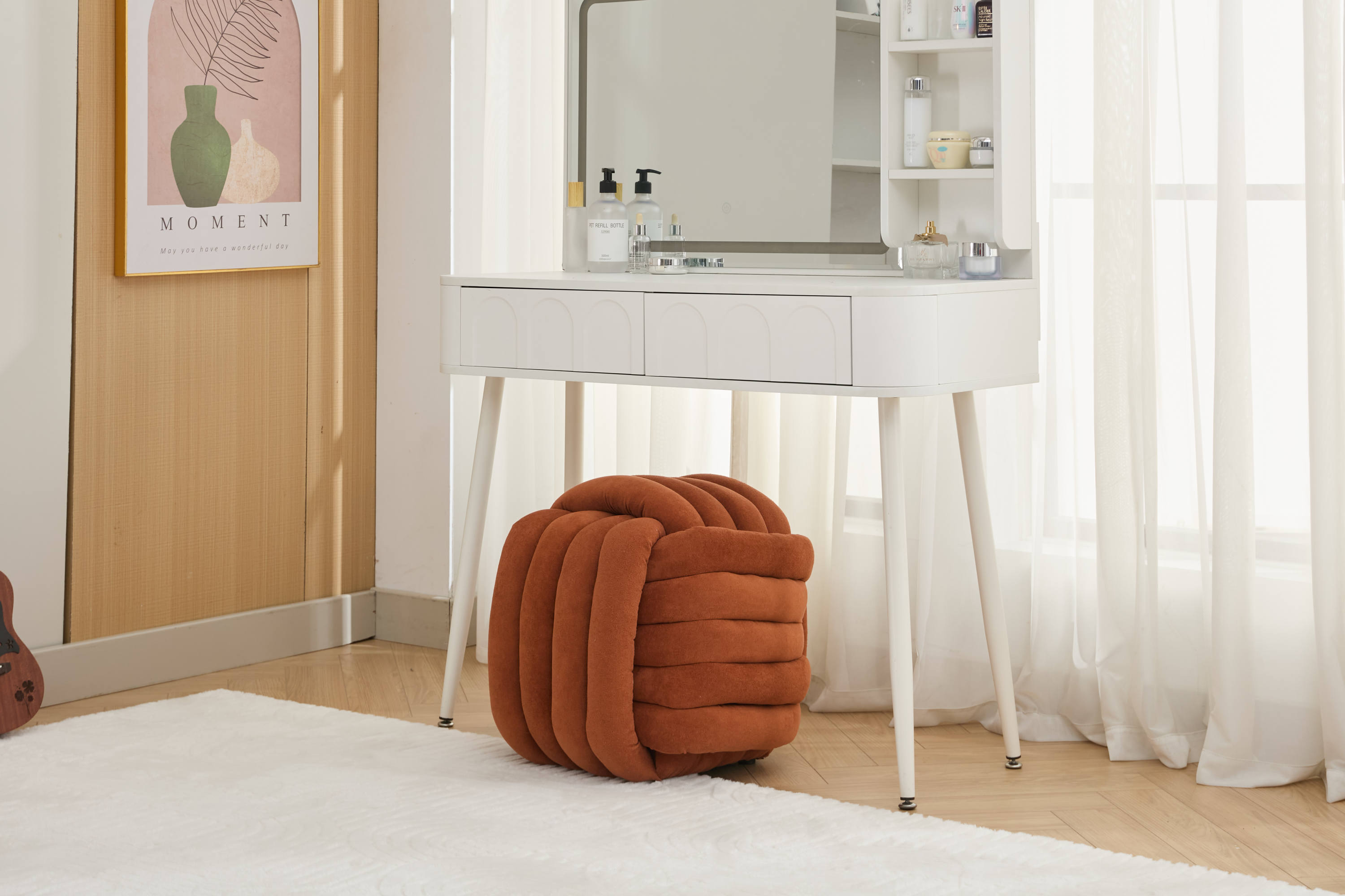 Haoyye Modern Chenille Fabric Knot Design Ottoman Makeup Stool Footstool, Comfortable and Stylish Seat, Perfect for Living Room and Bedroom, Space-Saving Heavy Duty Construction, Durable Furniture for Adults Dorm Room