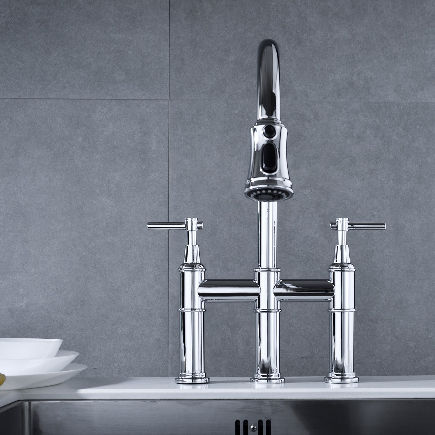 HAOYYE Bridge Kitchen Faucet with Pull-Down Sprayhead in Spot Sturdy Space-Saving Heavy Duty Modern Design Adults Dorm Room Easy Assembly Bedroom Furniture