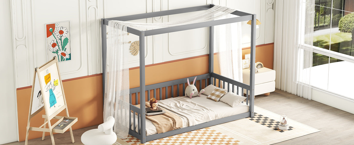 HAOYYE Twin Size Canopy Frame Floor Bed with Fence, Guardrails,Grey Sturdy Space-Saving Heavy Duty Modern Design Adults Dorm Room Easy Assembly Bedroom Furniture
