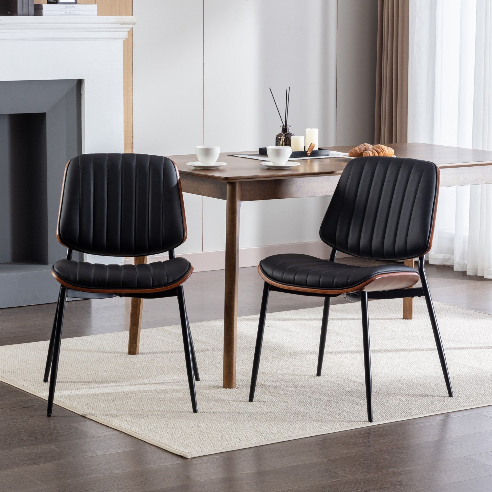 HAOYYE Dining Chairs Set of 2 Mid Century Modern Retro Faux Leather Chair with Walnut Bentwood Back Upholstered Seat Metal Legs Adjustable Foot for Kitchen Dining Room Chairs(Black PU) Sturdy