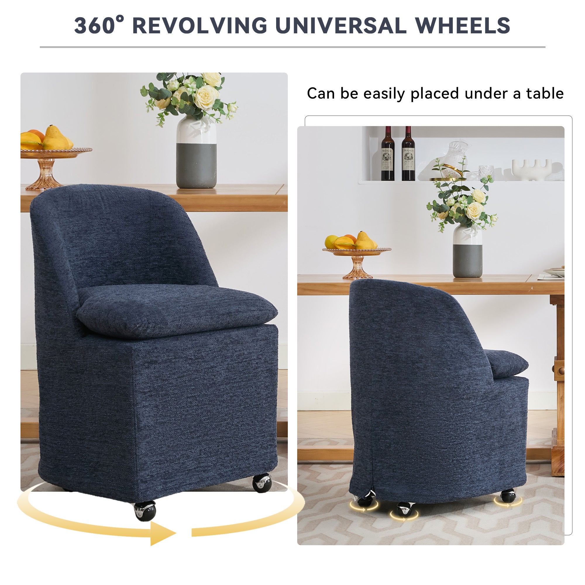 HAOYYE 058-Set of 2 Chenille Fabric Dining Chairs With Universal Wheels,Blue Sturdy Space-Saving Heavy Duty Modern Design Adults Dorm Room Easy Assembly Bedroom Furniture