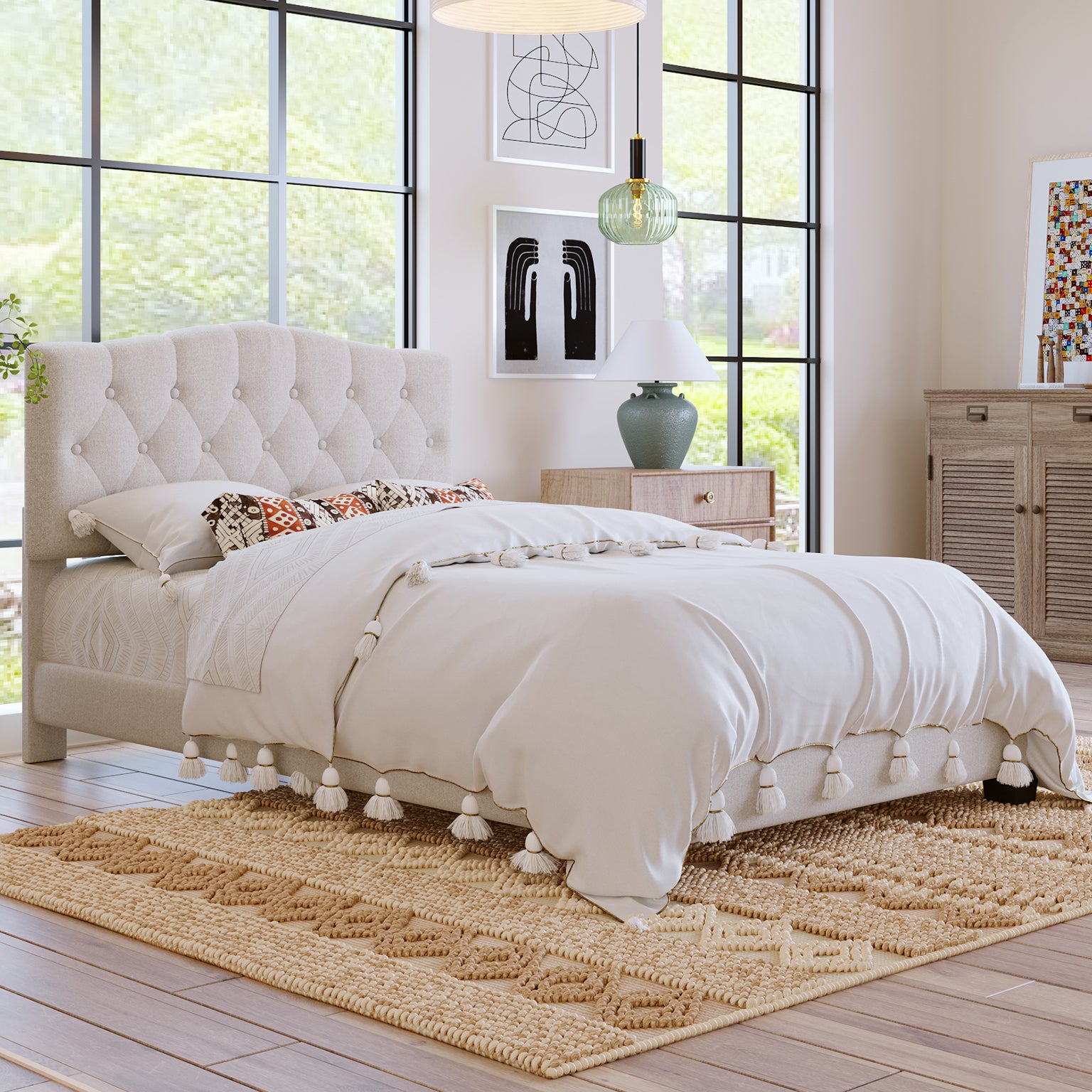 HAOYYE Upholstered Platform Bed with Saddle Curved Headboard and Diamond Tufted Details, Full, Beige Sturdy Space-Saving Heavy Duty Modern Design Adults Dorm Room Easy Assembly Bedroom Furniture