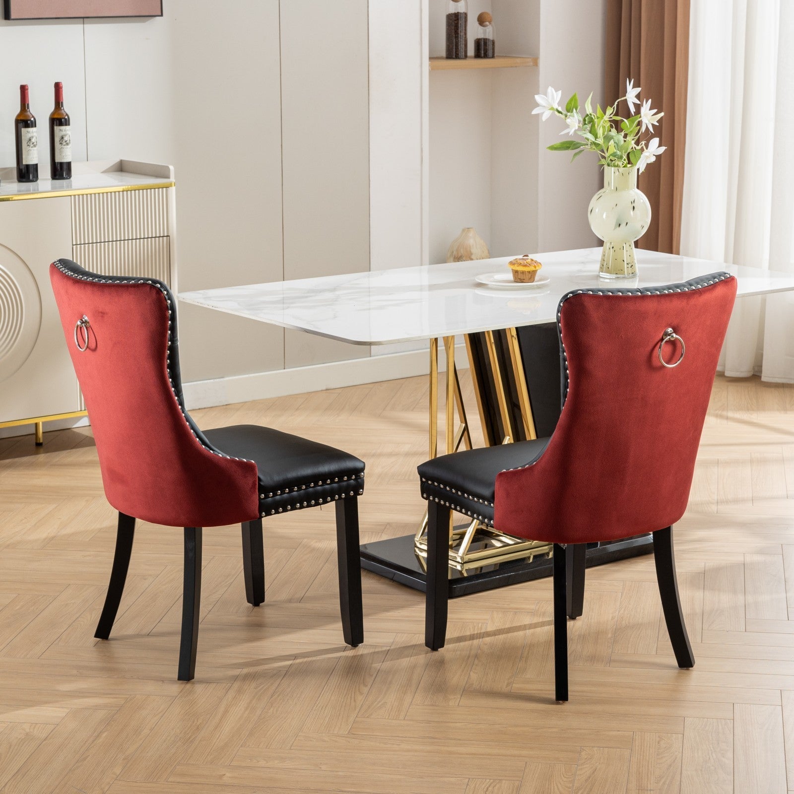 HAOYYE Nikki Collection Modern, High-end Tufted Solid Wood Contemporary PU and Velvet Upholstered Dining Chair with Wood Legs Nailhead Trim 2-Pcs Set, Black+WineRed, Burgundy,SW2101BW Sturdy
