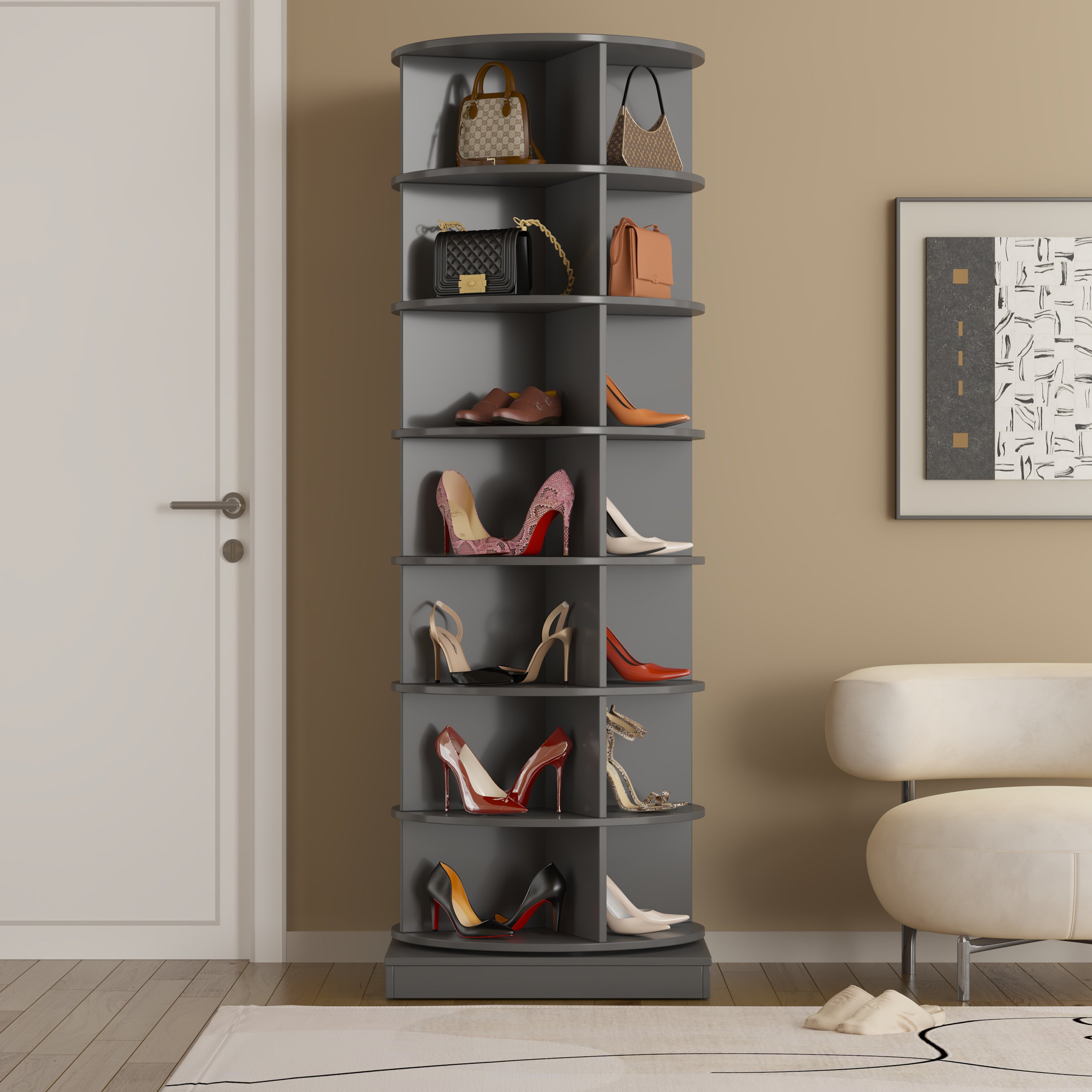 HAOYYE New 360 gray rotating shoe cabinet with 7 layers can accommodate up to 28 Paris shoes Sturdy Space-Saving Heavy Duty Modern Design Adults Dorm Room Easy Assembly Bedroom Furniture