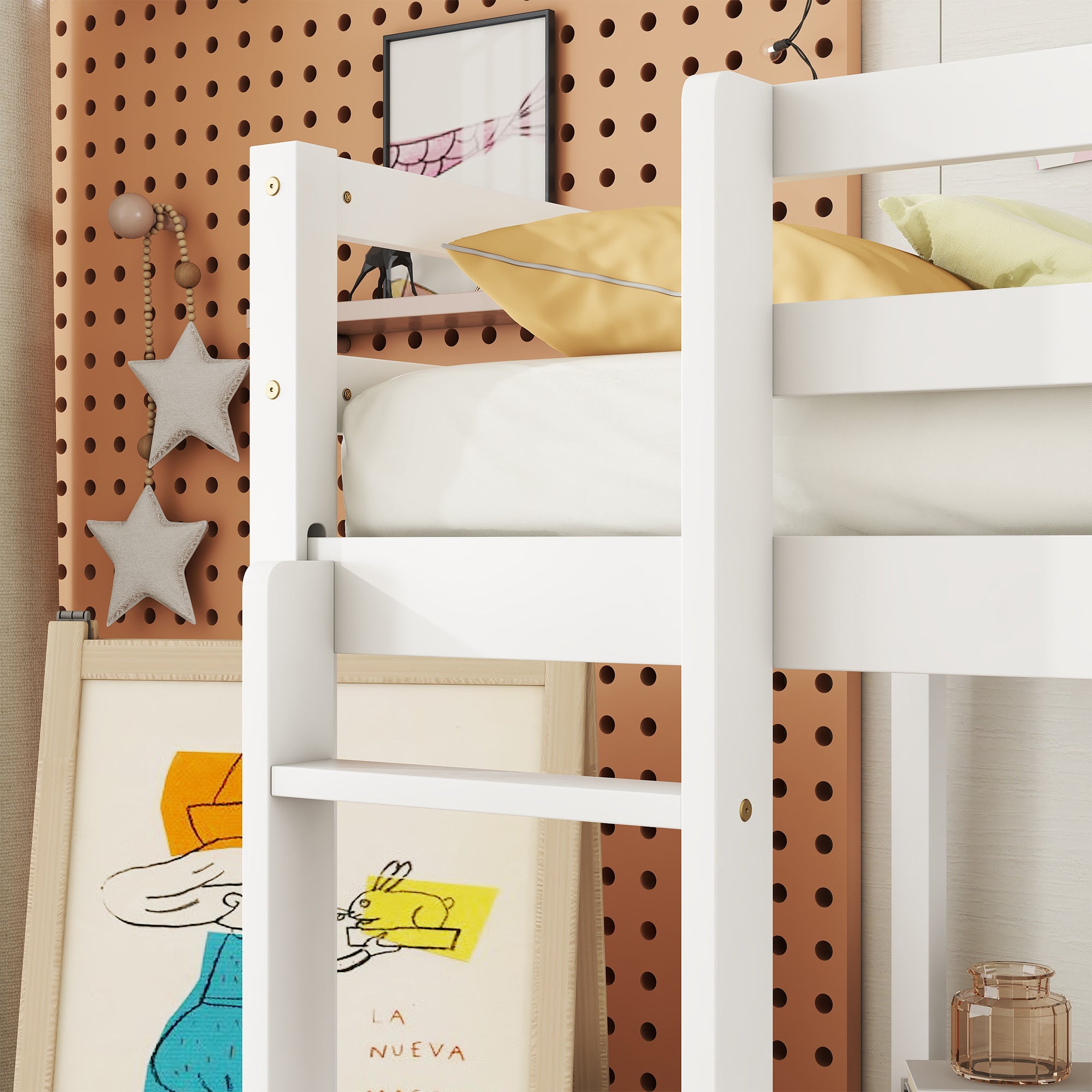 HAOYYE Twin Loft Wood Bed with Under-Bed Built-In Desk and Two-Drawer Storage Cabinet, Guardrails, and Ladder, White Sturdy Space-Saving Design, Heavy Duty Construction, Easy Assembly, Durable Stylish Home Furniture