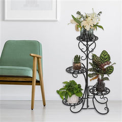 HAOYYE 4-Potted Rounded Flower Metal Shelves Plant Pot Stand, Black Durable Space-Saving Organizer, Stylish Indoor And Outdoor Garden Display Shelf, Premium Quality Decorative Storage Solution, Versatile Use Plant Rack With Modern Design