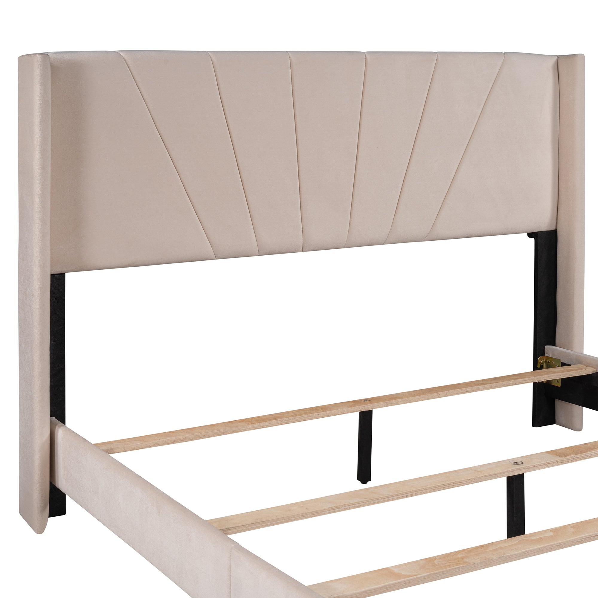 HAOYYE Queen Size Velvet Upholstered Platform Bed, Box Spring Needed - Beige Sturdy Space-Saving Heavy Duty Modern Design Adults Dorm Room Easy Assembly Bedroom Furniture
