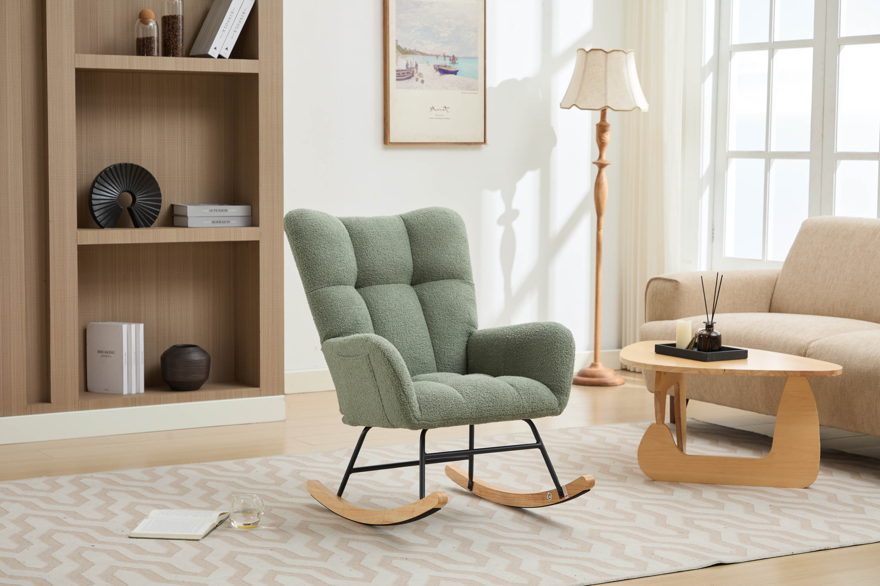 Haoyye Modern Upholstered Nursery Rocking Chair with High Backrest, Teddy Fabric Glider Accent Armchair with Solid Wood Legs and Metal Frame, Comfortable Rocker for Bedroom, Living Room or Lounge, Gentle Swing Chair in Green