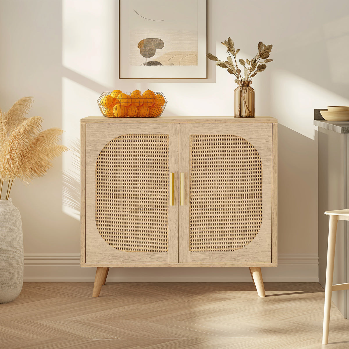 HAOYYE Buffet Cabinet with Storage, Accent Bathroom Floor Cabinet with Two Doors and Four Compartments, Solid Wood Feet, Modern Sideboard for Hallway, Entry, Living Room
