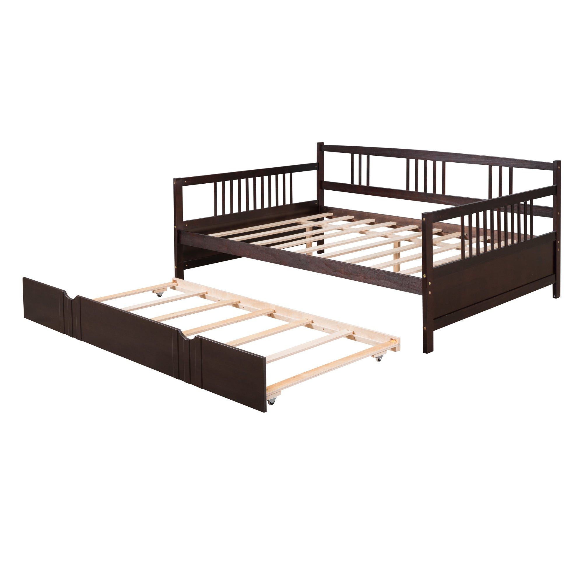 HAOYYE Full Size Daybed Wood Bed with Twin Size Trundle,Espresso Sturdy Space-Saving Heavy Duty Modern Design Adults Dorm Room Easy Assembly Bedroom Furniture