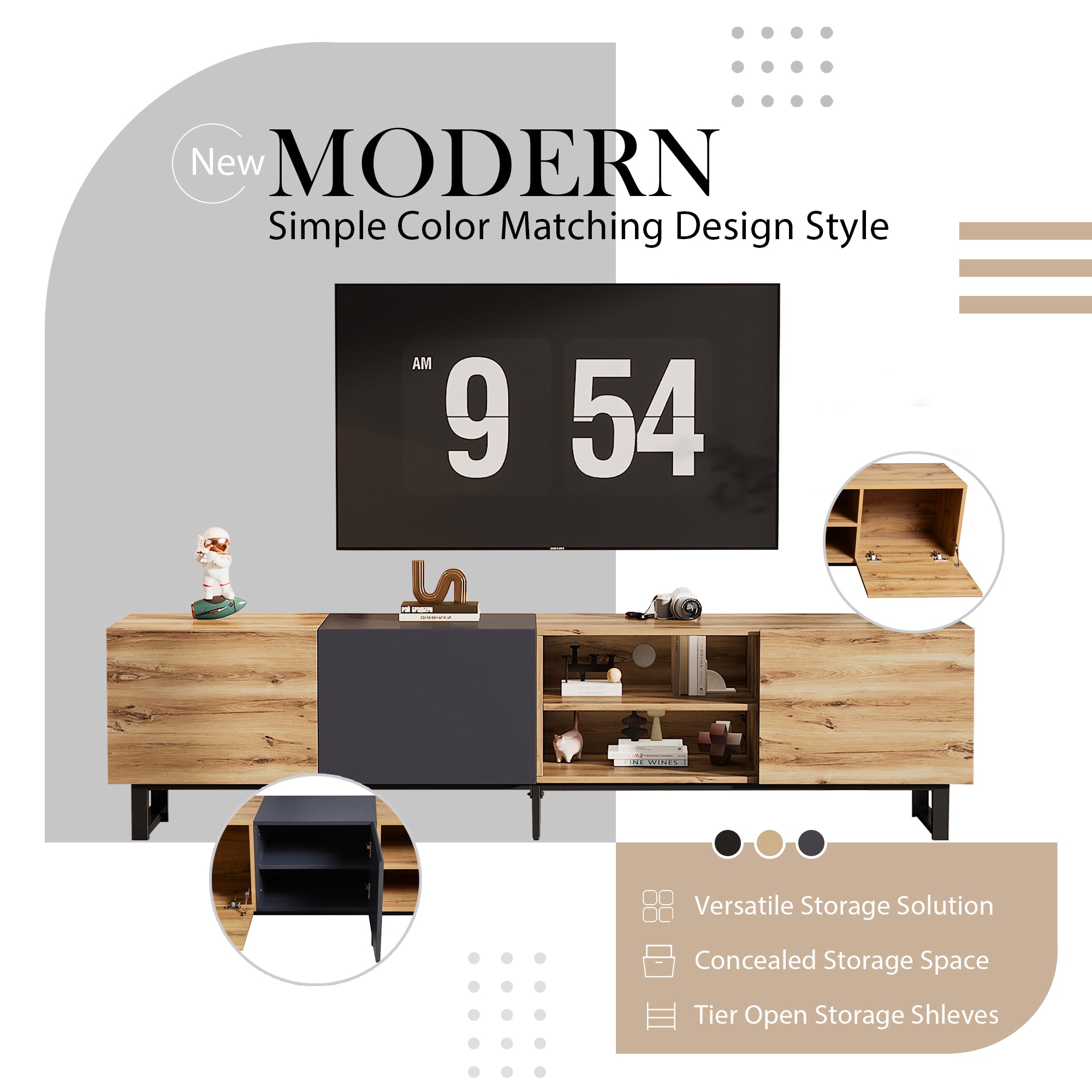 HAOYYE Modern TV Stand with 3 Cabinets and Open Shelves, Color-Matched Media Console Table for TVs up to 80 Inches, Entertainment Center with Drop Down Door for Living Room, Bedroom, and Home Theatre, Sturdy, Space-Saving Heavy Duty Design