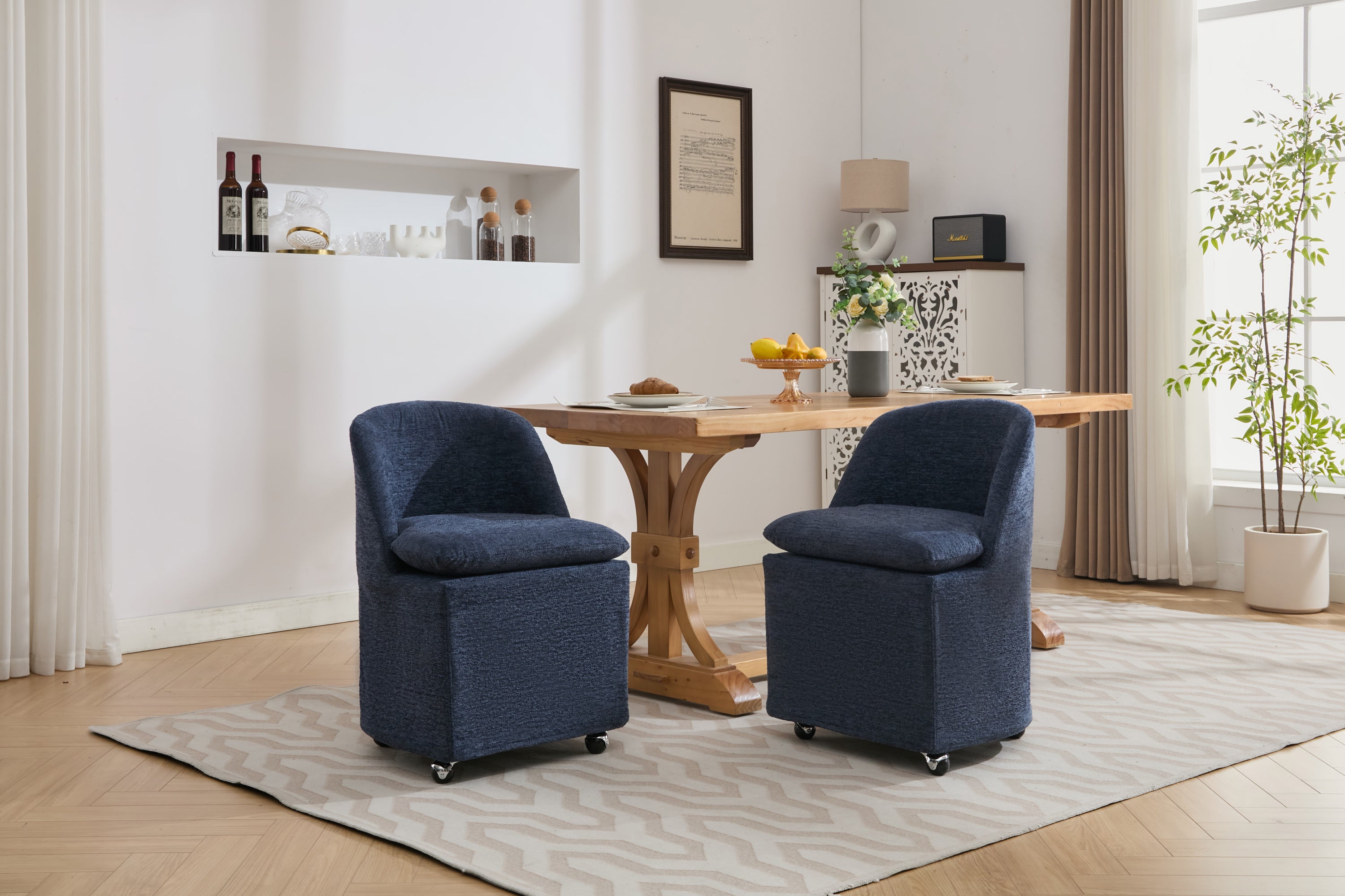 HAOYYE 058-Set of 2 Chenille Fabric Dining Chairs With Universal Wheels,Blue Sturdy Space-Saving Heavy Duty Modern Design Adults Dorm Room Easy Assembly Bedroom Furniture