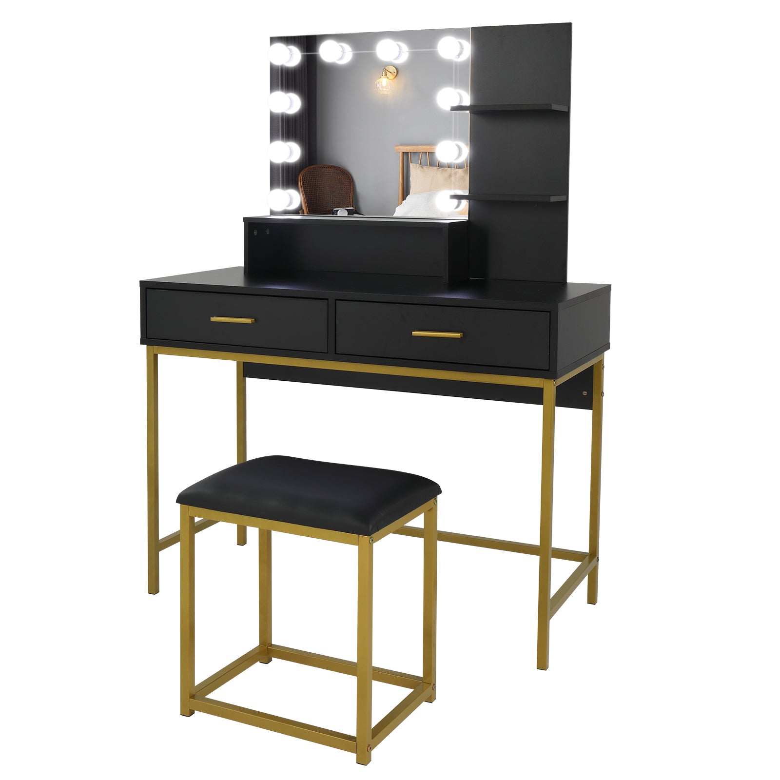HAOYYE Large Vanity Set with 10 LED Bulbs, Makeup Table with Cushioned Stool, Multiple Storage Shelves and Drawers, Stylish Dressing Table Desk for Bedroom, Modern Black Design for Convenient Makeup and Organization