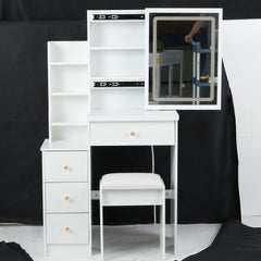 HAOYYE Small Vanity Table Set With Touch Control Sliding LED Mirror, Tri-Color Switching, Adjustable Brightness, Multi-Layer Storage, Includes Cushioned Stool, Ideal For Compact Spaces, EPA, GCC, And UL Certified