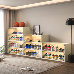 Haoyye Off White Glass Door Shoe Storage Cabinet with RGB LED Light, Modern Stackable Sneaker Display Case with Remote and App Control, USB Powered Shoe Organizer for Bedroom, Entryway or Living Room, Stylish Space-Saving Freestanding Furniture