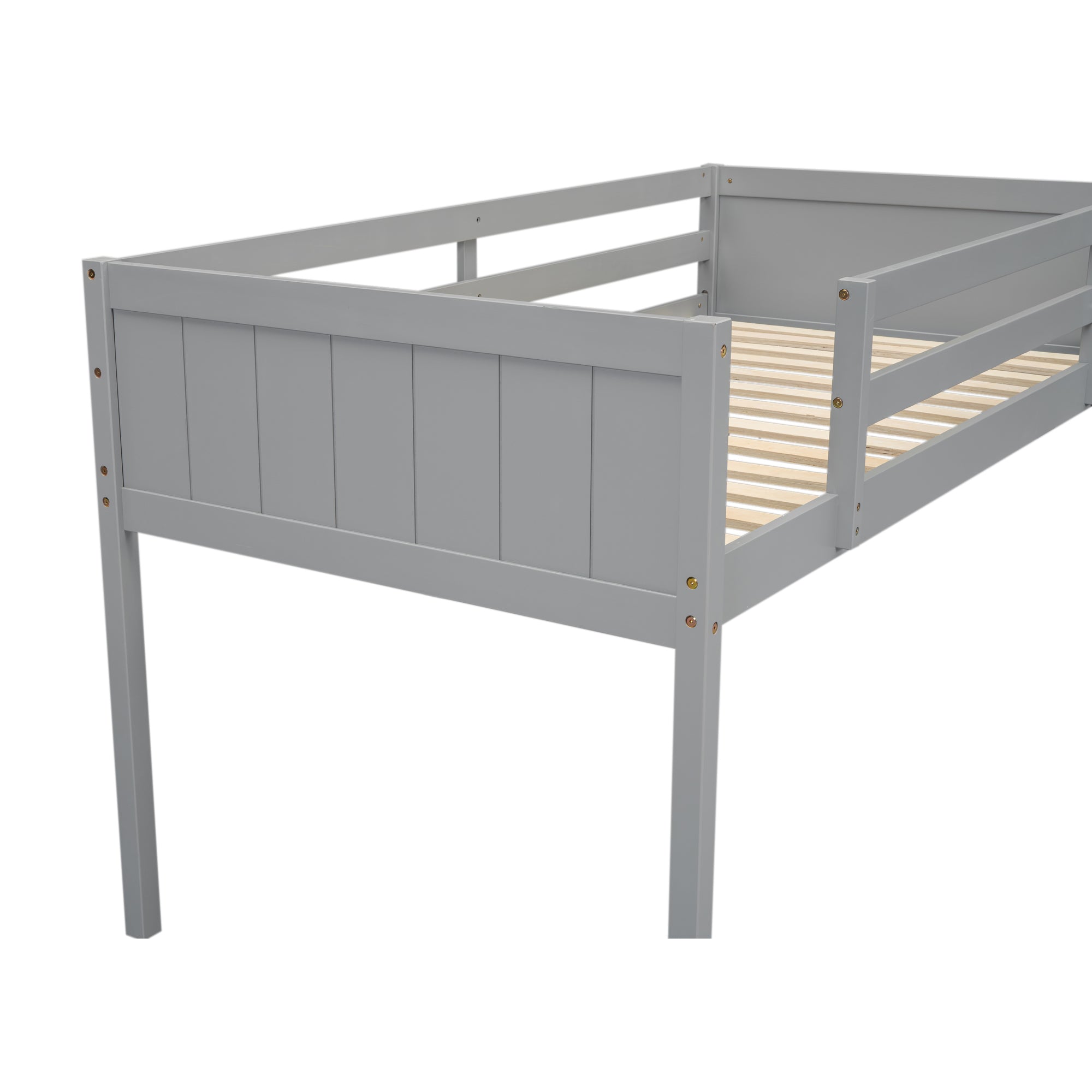 HAOYYE Twin Size Wood Low Loft Bed with Ladder, ladder can be placed on the left or right, Gray Sturdy Space-Saving Heavy Duty Modern Design Adults Dorm Room Easy Assembly Bedroom Furniture