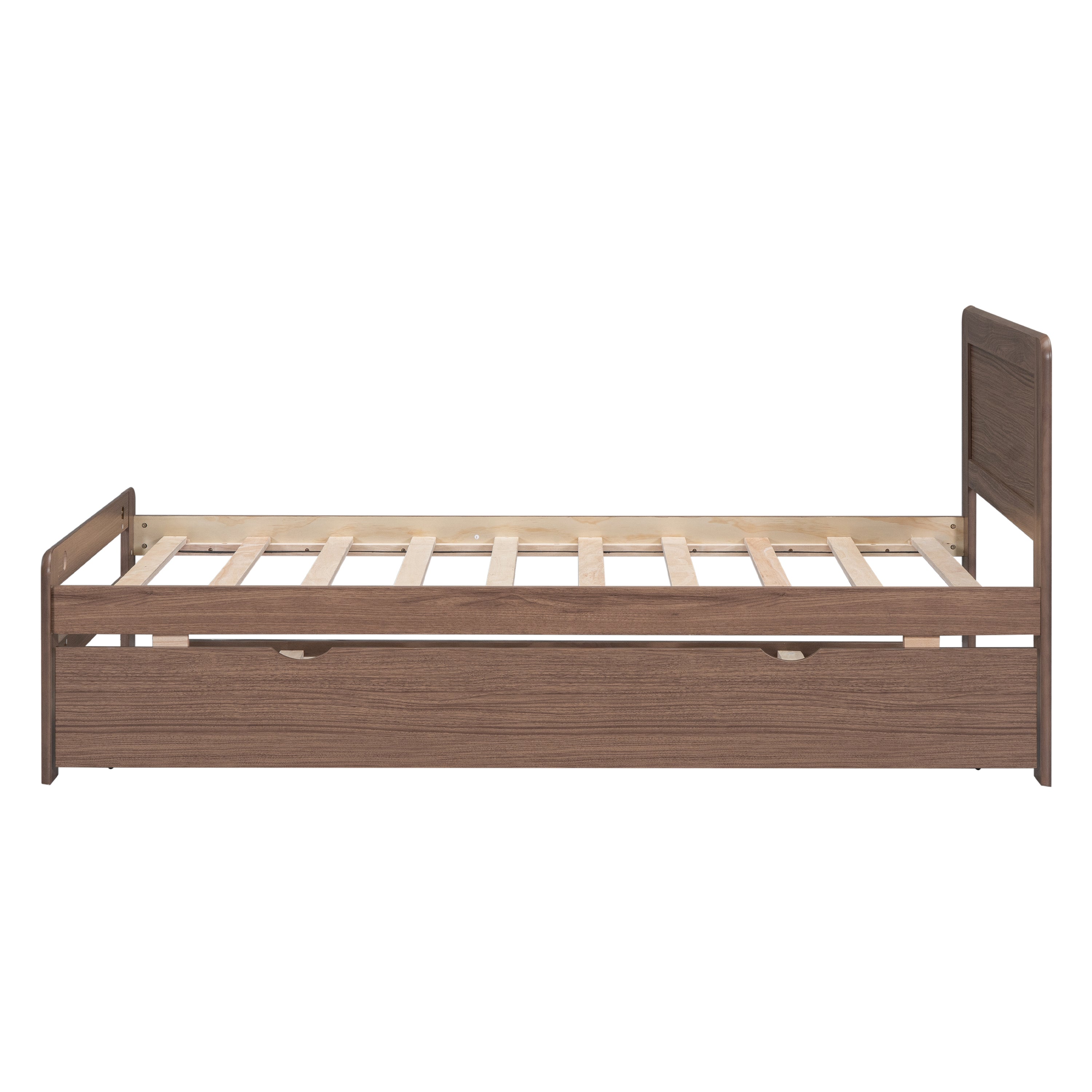 HAOYYE Modern Design Wooden Twin Size Platform Bed Frame with Trundle for Walnut Color Sturdy Space-Saving Heavy Duty Adults Dorm Room Easy Assembly Bedroom Furniture