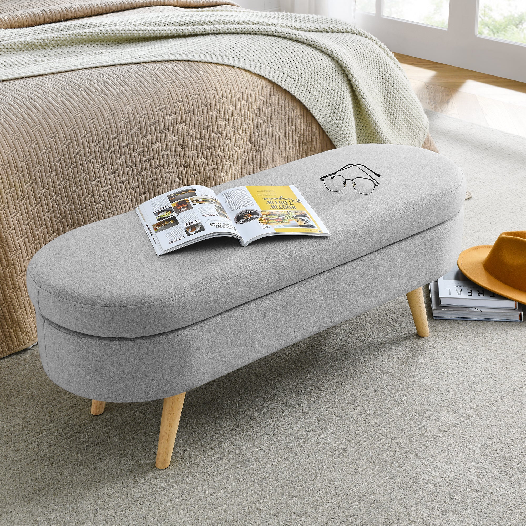 HAOYYE Ottoman Oval Storage Bench, Rubber Wood Legs, Grey(43.5"x16"x16") Sturdy Space-Saving Heavy Duty Modern Design Adults Dorm Room Easy Assembly Bedroom Furniture